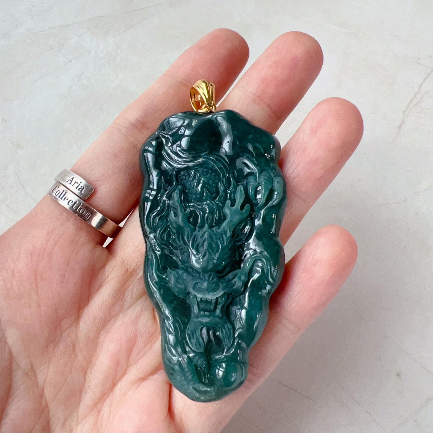 Celestial Dragon Jade Pendant, Green Jadeite Jade Dragon Hand Carved Pendant with 18K Gold, VIC-0424-1727632246