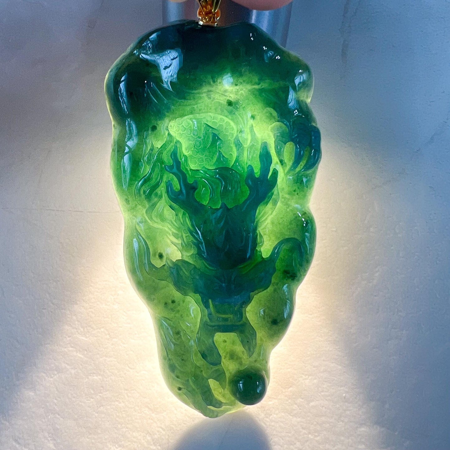 Celestial Dragon Jade Pendant, Green Jadeite Jade Dragon Hand Carved Pendant with 18K Gold, VIC-0424-1727632246