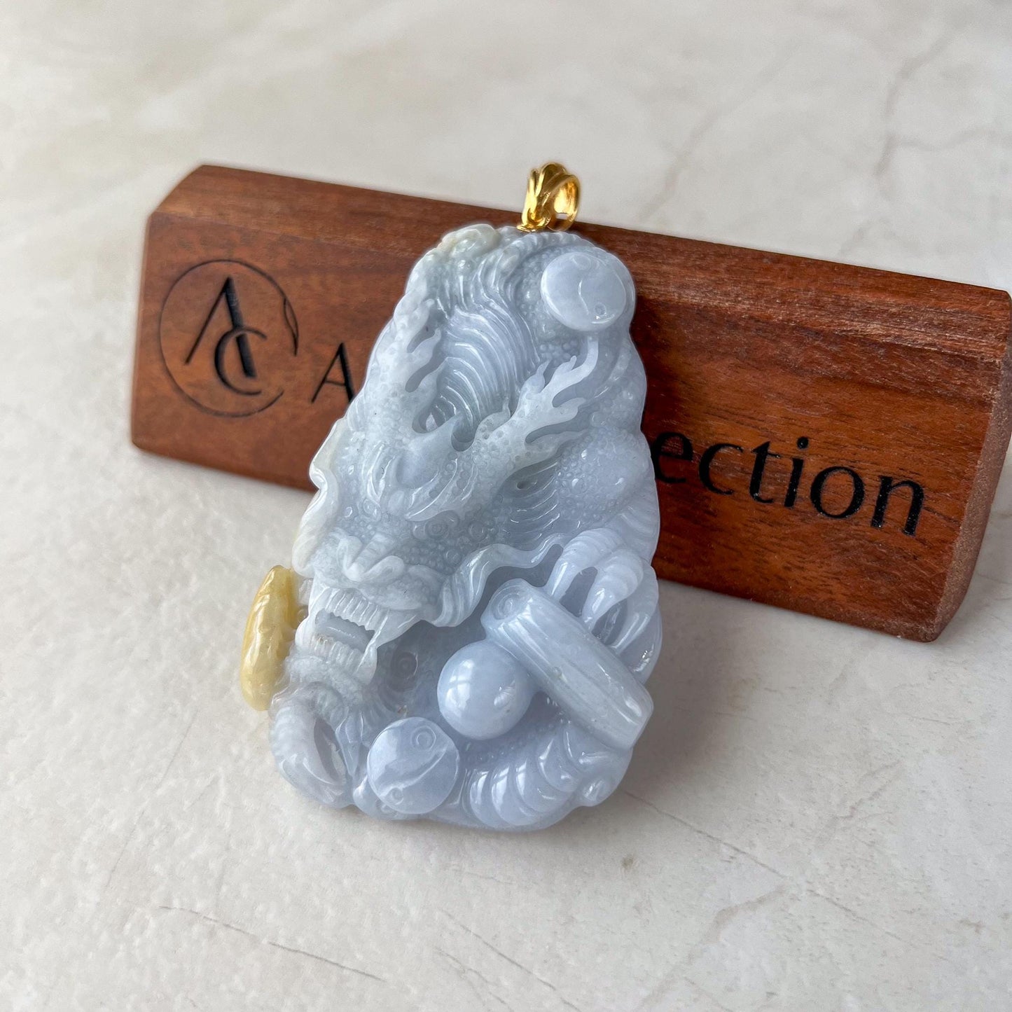 Violet Sky Dragon Large Pendant, Light Purple Lavender Yellow Jadeite Jade, Hand Carved Pendant with 18K Yellow Gold, CAN-0424-1727642956