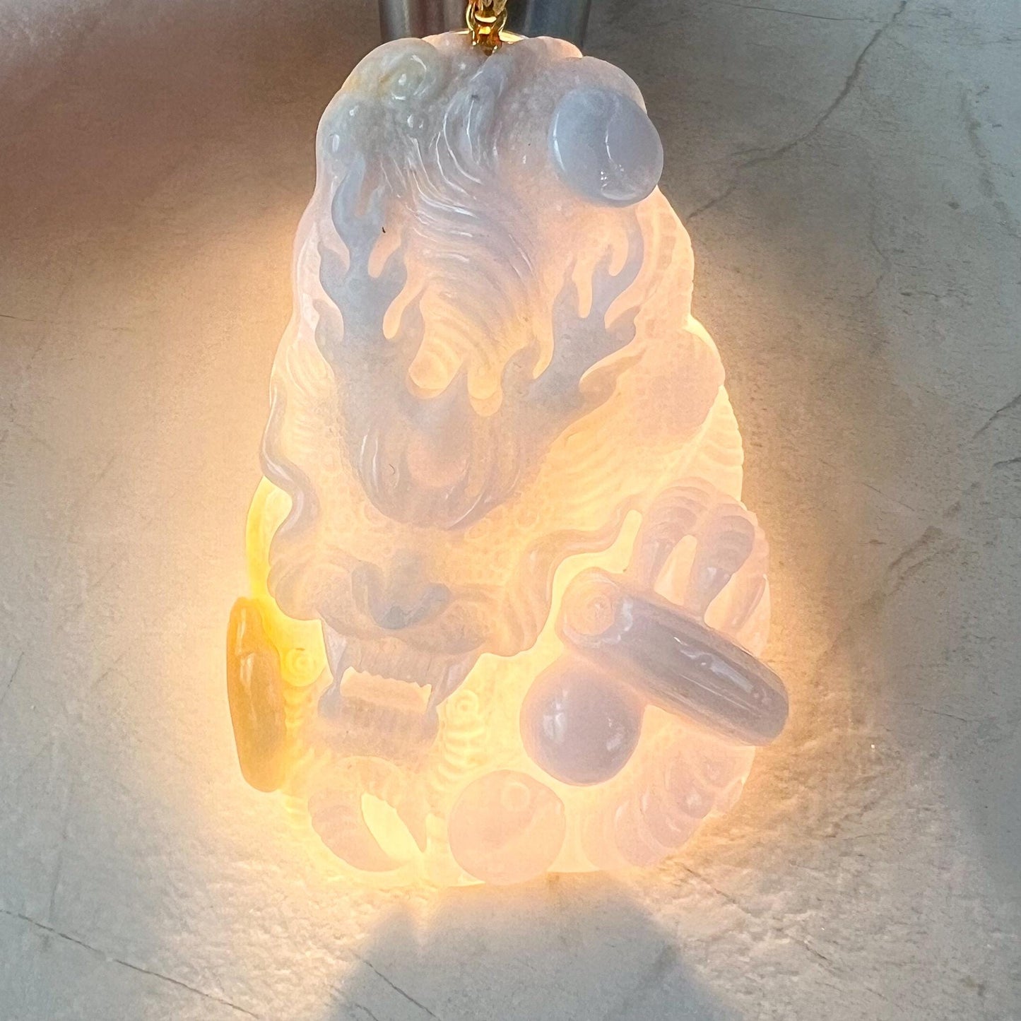 Violet Sky Dragon Large Pendant, Light Purple Lavender Yellow Jadeite Jade, Hand Carved Pendant with 18K Yellow Gold, CAN-0424-1727642956