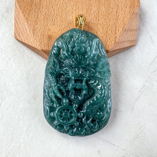 Dragon's Prosperity Jade Pendant, Style 2, Large Green Jadeite Jade Dragon Hand Carved Pendant with 18K Gold, WEN-0424-1727647070