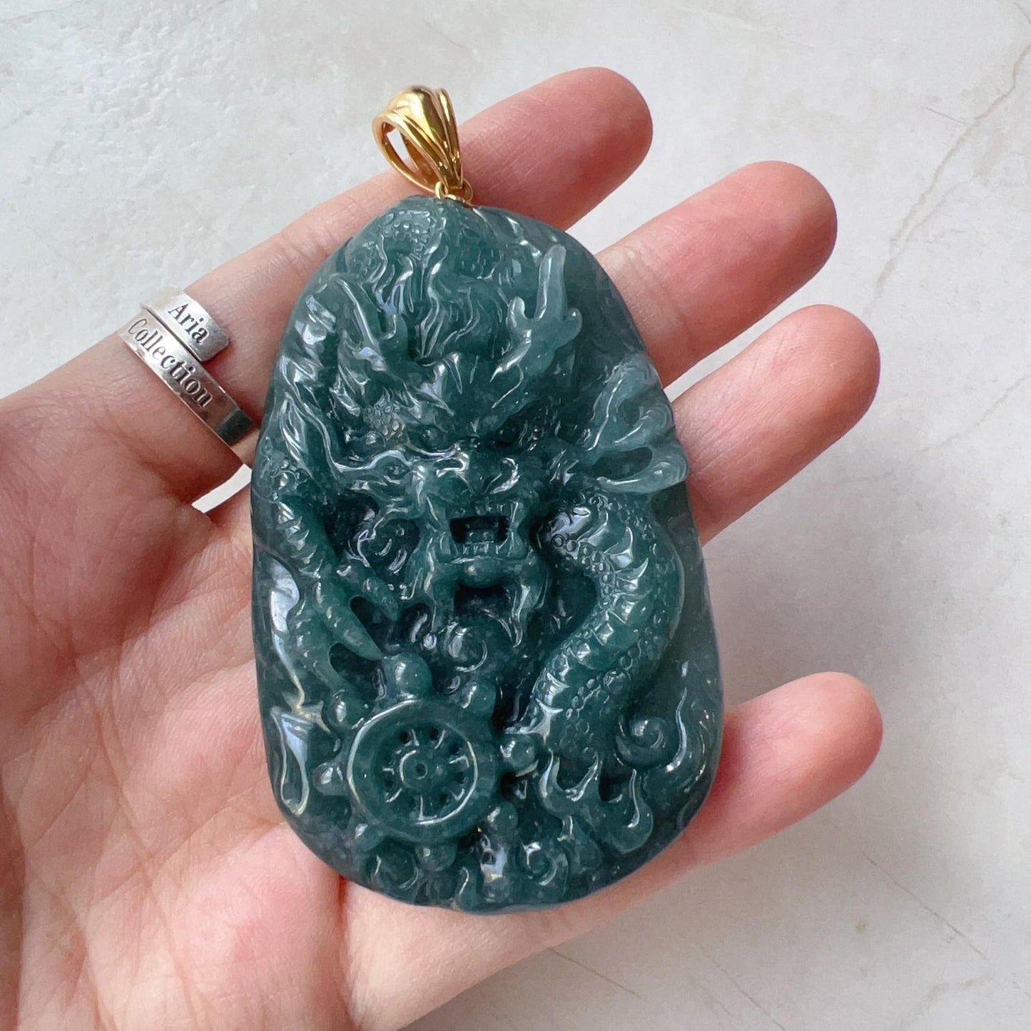 Dragon's Prosperity Jade Pendant, Style 2, Large Green Jadeite Jade Dragon Hand Carved Pendant with 18K Gold, WEN-0424-1727647070