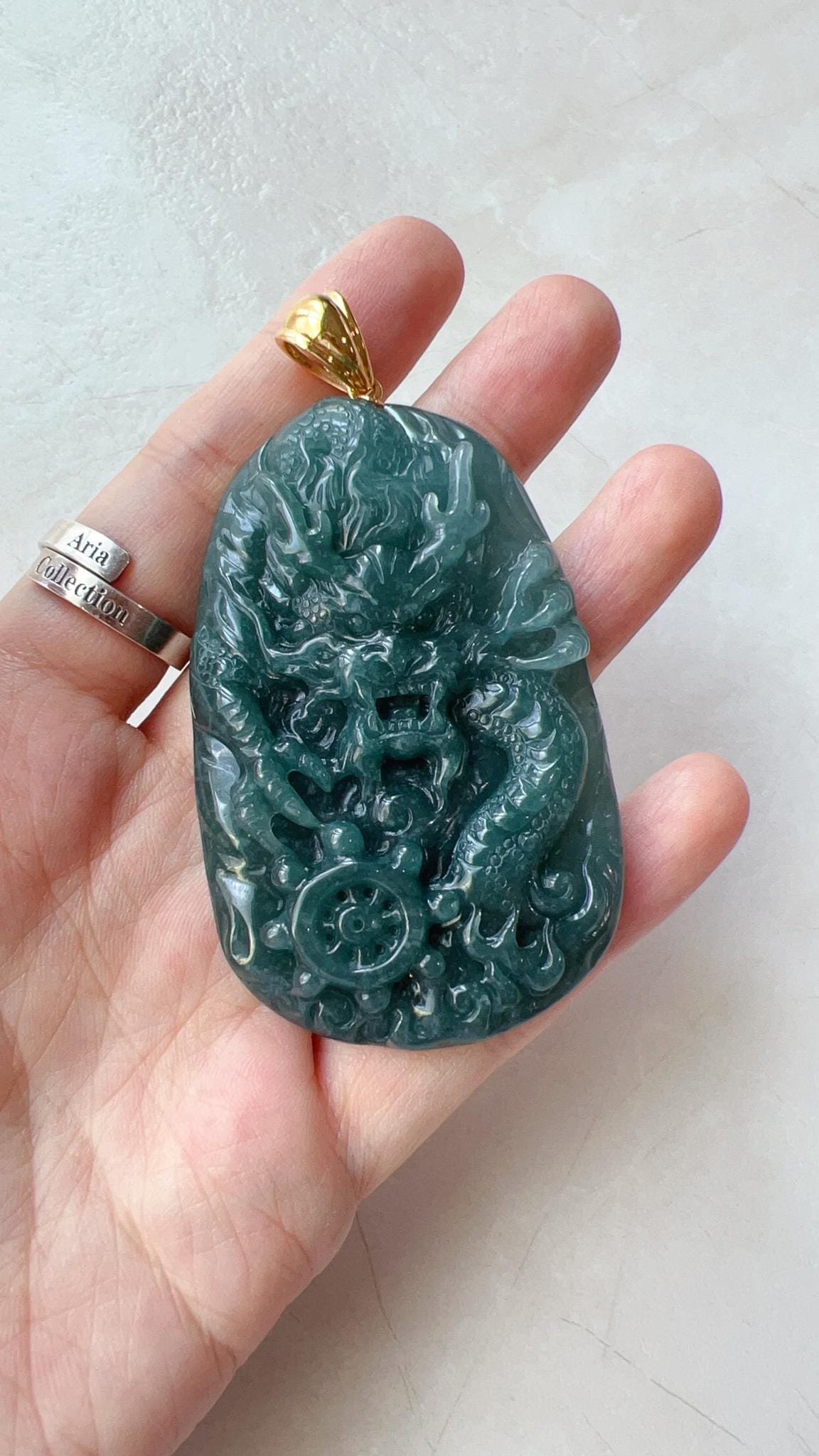 Dragon's Prosperity Jade Pendant, Style 2, Large Green Jadeite Jade Dragon Hand Carved Pendant with 18K Gold, WEN-0424-1727647070