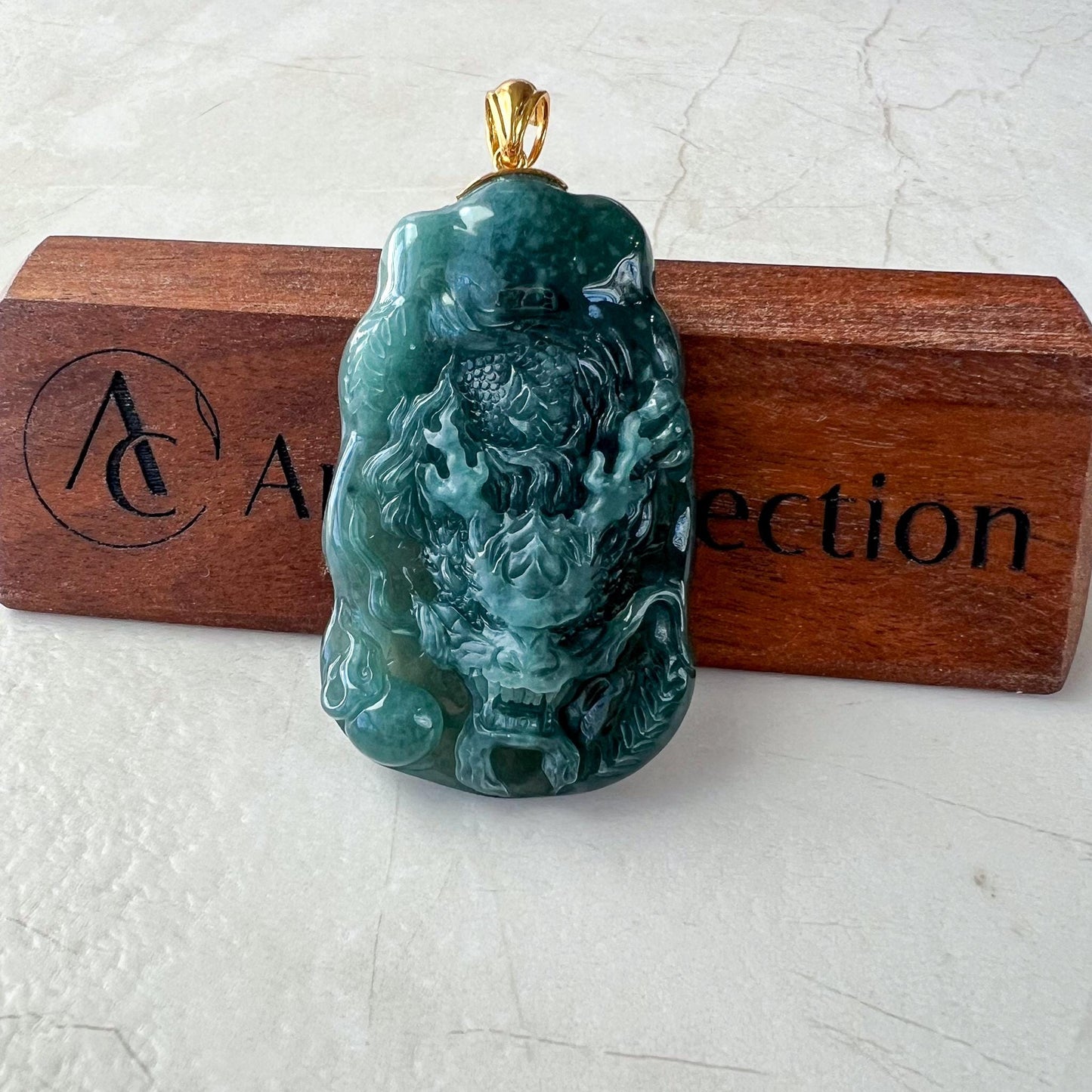 Mystic Green Dragon Jade Pendant, Green Jadeite Jade Dragon Hand Carved Pendant with 18K Gold, VIC-0424-1727749553