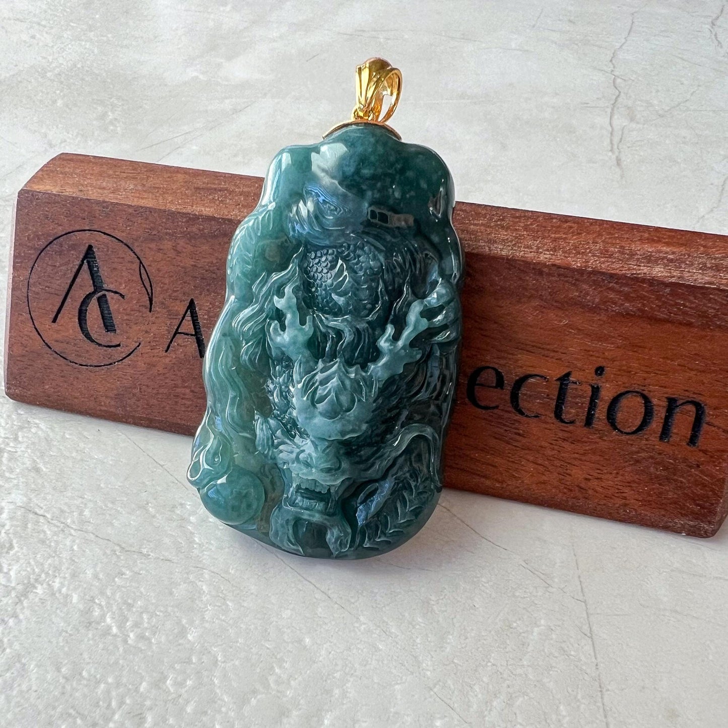 Mystic Green Dragon Jade Pendant, Green Jadeite Jade Dragon Hand Carved Pendant with 18K Gold, VIC-0424-1727749553