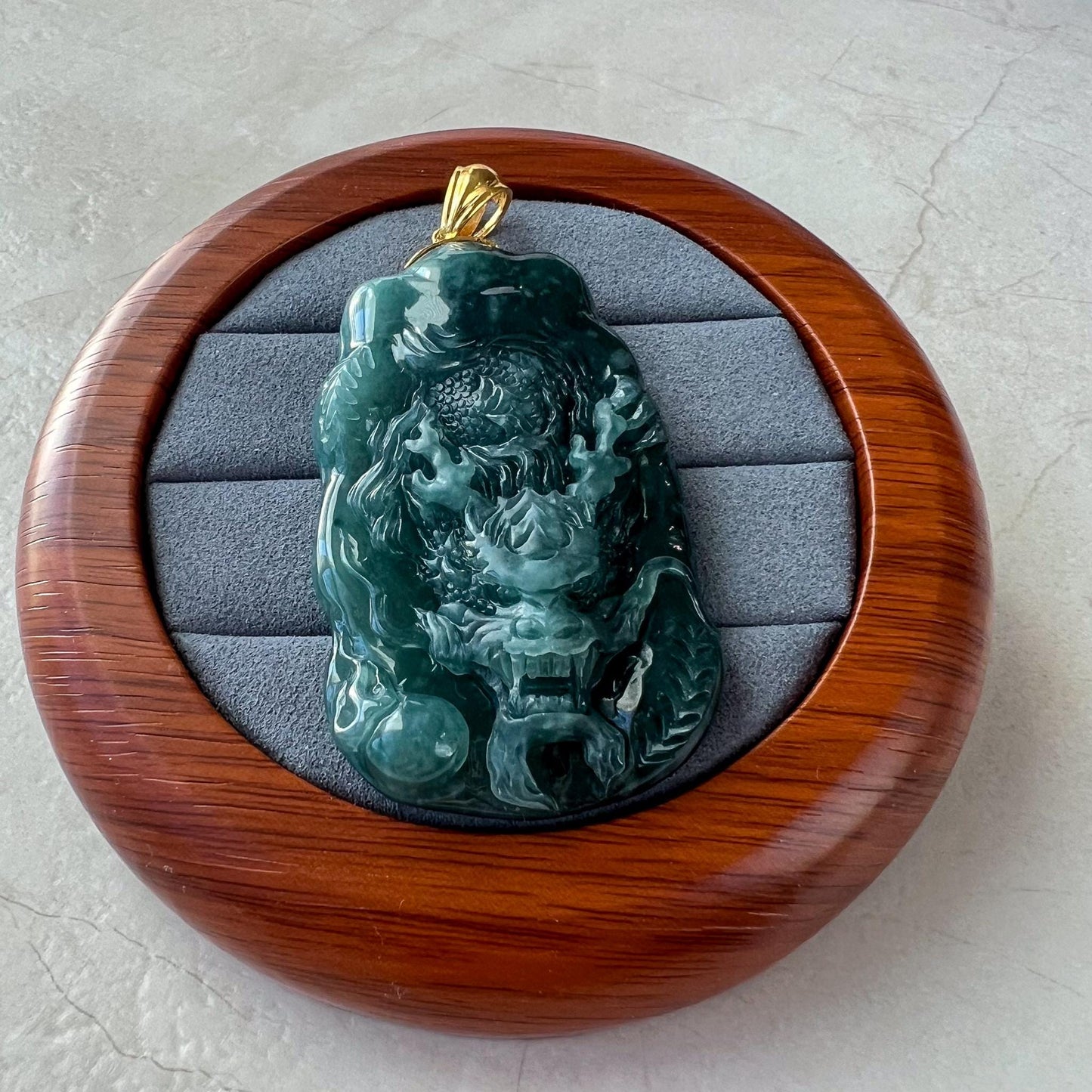 Mystic Green Dragon Jade Pendant, Green Jadeite Jade Dragon Hand Carved Pendant with 18K Gold, VIC-0424-1727749553