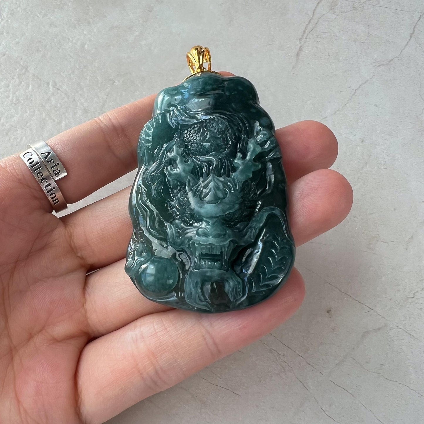 Mystic Green Dragon Jade Pendant, Green Jadeite Jade Dragon Hand Carved Pendant with 18K Gold, VIC-0424-1727749553