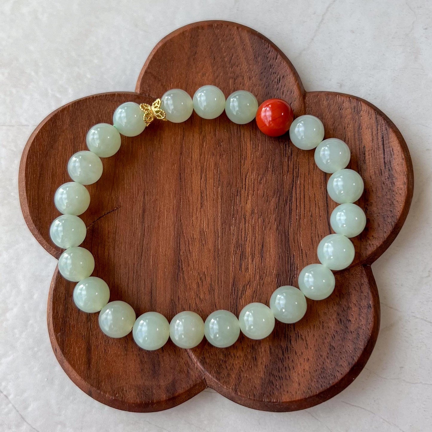 8 mm Light Green Nephrite Jade Beaded Bracelet with Southern Red Agate, YS-0224-1727839945