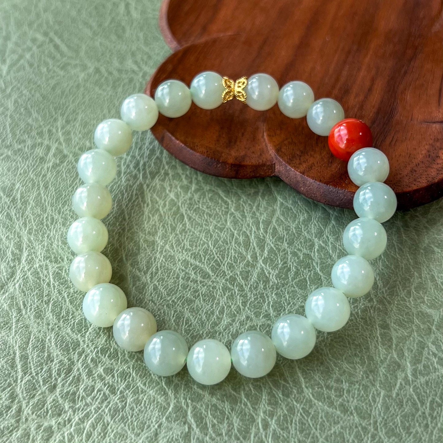 8 mm Light Green Nephrite Jade Beaded Bracelet with Southern Red Agate, YS-0224-1727839945