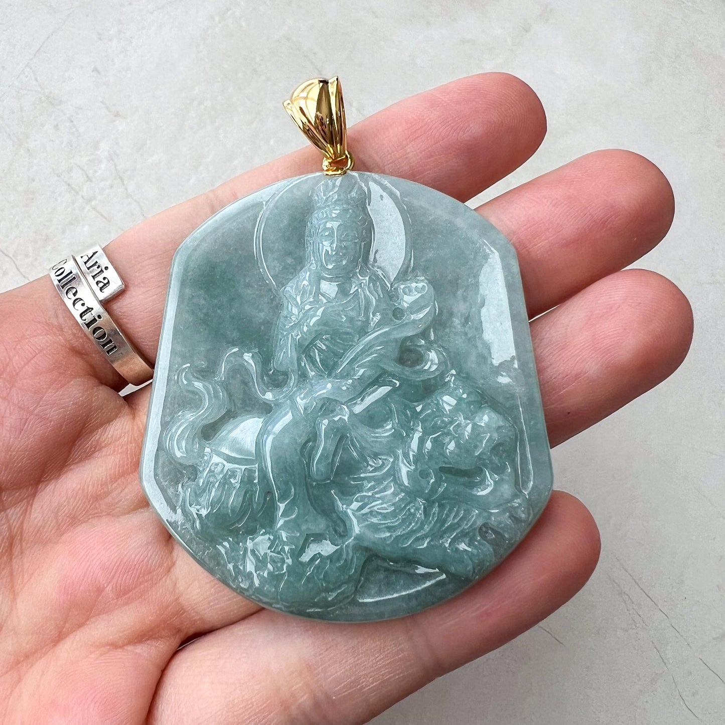 Manjushri Buddha Pendant with 18K gold, Jadeite Jade Wisdom Buddha Wen Shu, Văn Thù Sư Lợi Bồ Tát,  文殊, Carved Pendant, EDN-0424-1728101380