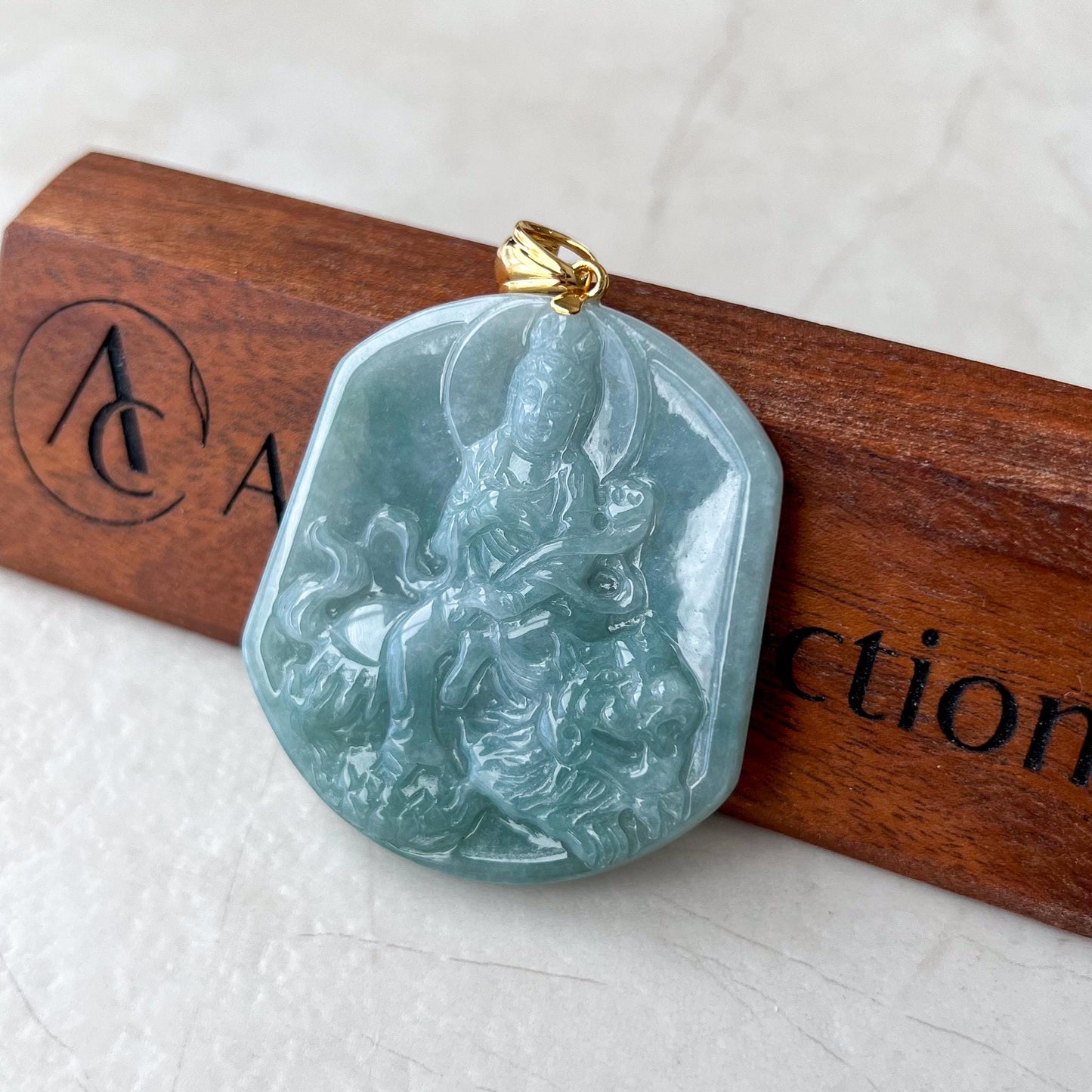 Manjushri Buddha Pendant with 18K gold, Jadeite Jade Wisdom Buddha Wen Shu, Văn Thù Sư Lợi Bồ Tát,  文殊, Carved Pendant, EDN-0424-1728101380