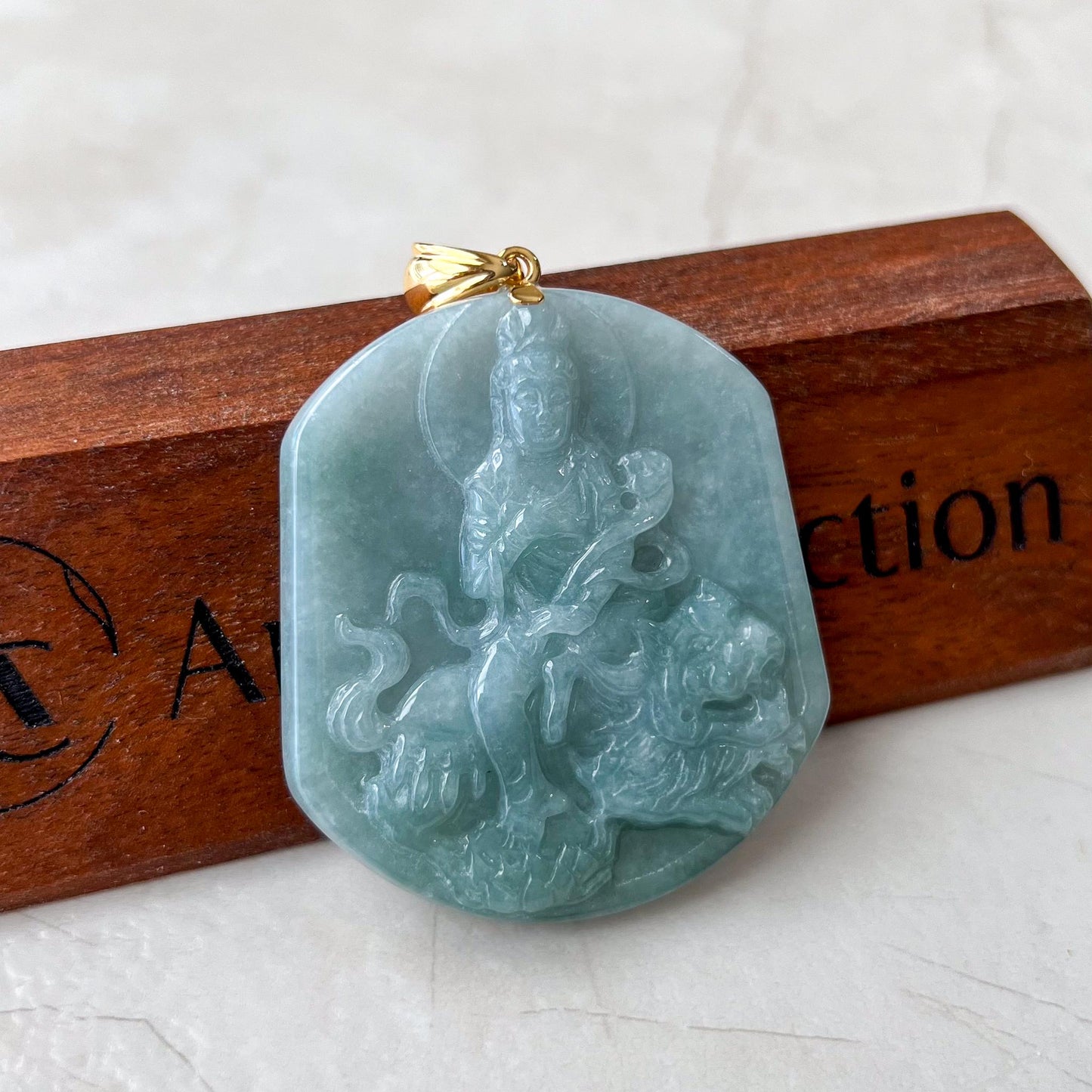 Manjushri Buddha Pendant with 18K gold, Jadeite Jade Wisdom Buddha Wen Shu, Văn Thù Sư Lợi Bồ Tát,  文殊, Carved Pendant, EDN-0424-1728101380