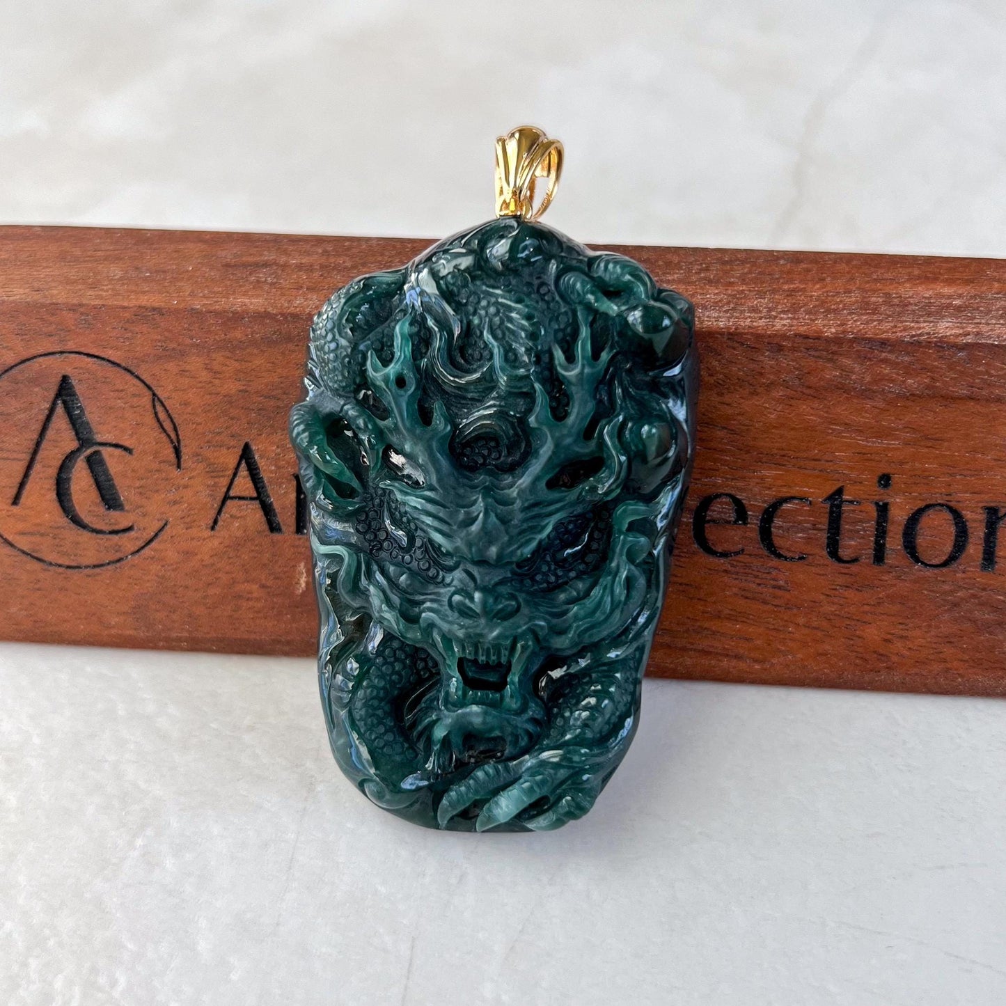 Midnight Dragon Pendant, Style 1, Dark Green Dragon Pendant, Jadeite Jade Hand Carved Pendant with 18K Solid Gold Bail, VIC-0424-1728102633