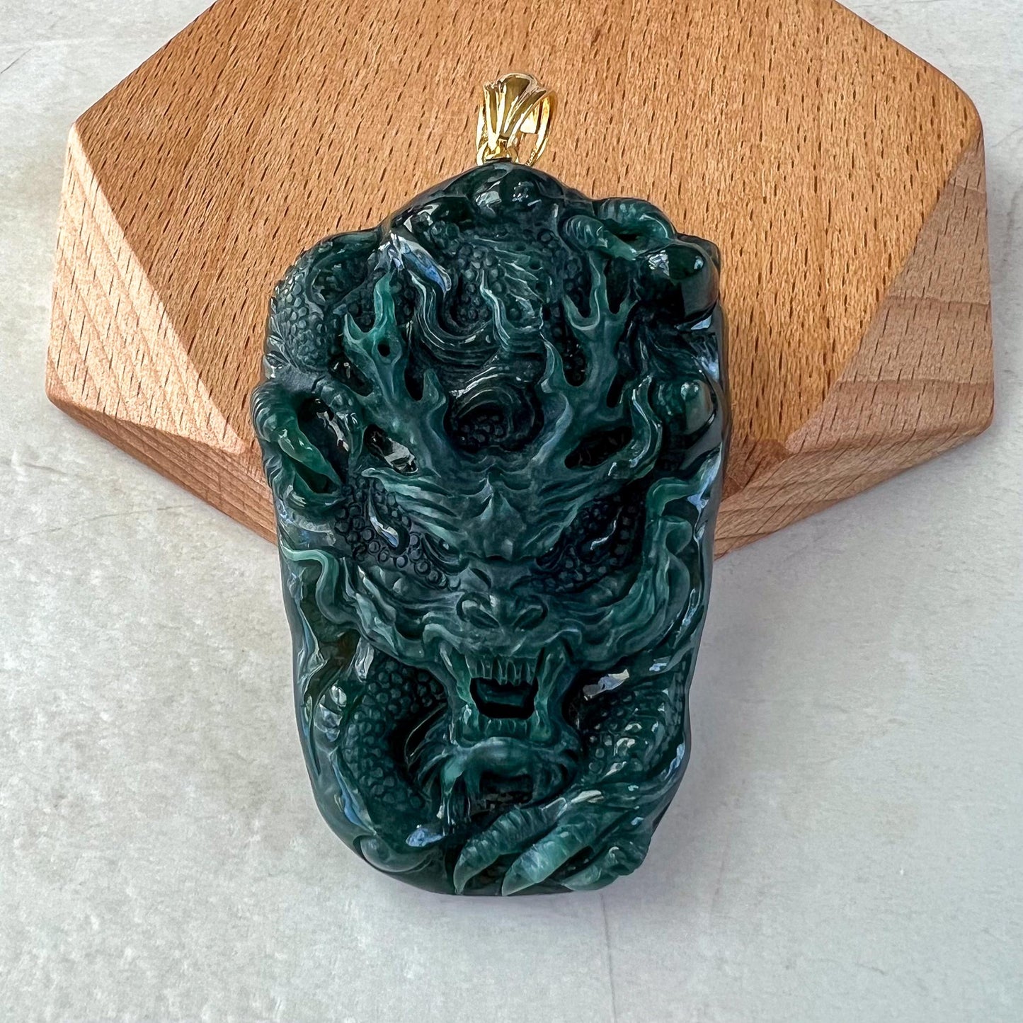 Midnight Dragon Pendant, Style 1, Dark Green Dragon Pendant, Jadeite Jade Hand Carved Pendant with 18K Solid Gold Bail, VIC-0424-1728102633