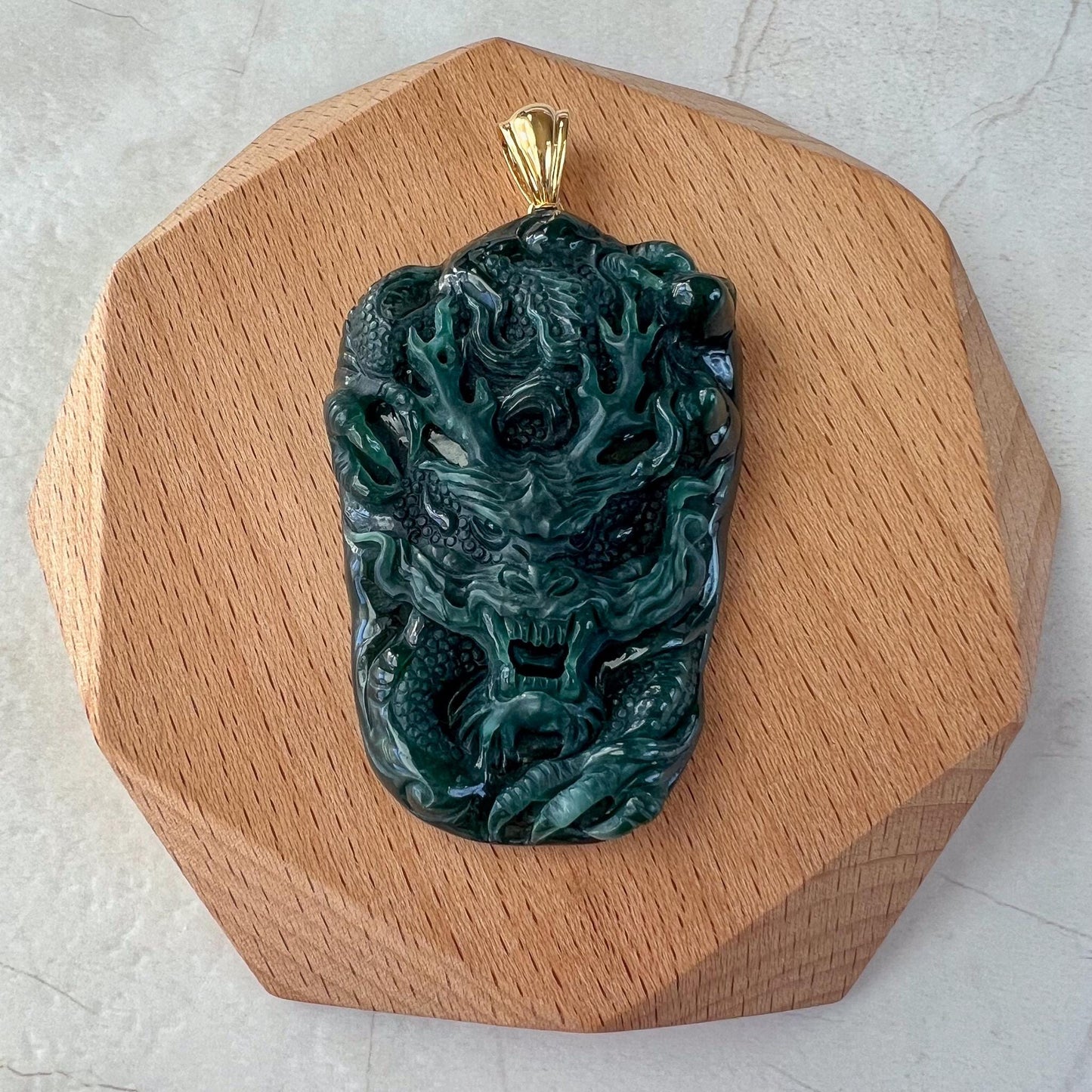 Midnight Dragon Pendant, Style 1, Dark Green Dragon Pendant, Jadeite Jade Hand Carved Pendant with 18K Solid Gold Bail, VIC-0424-1728102633