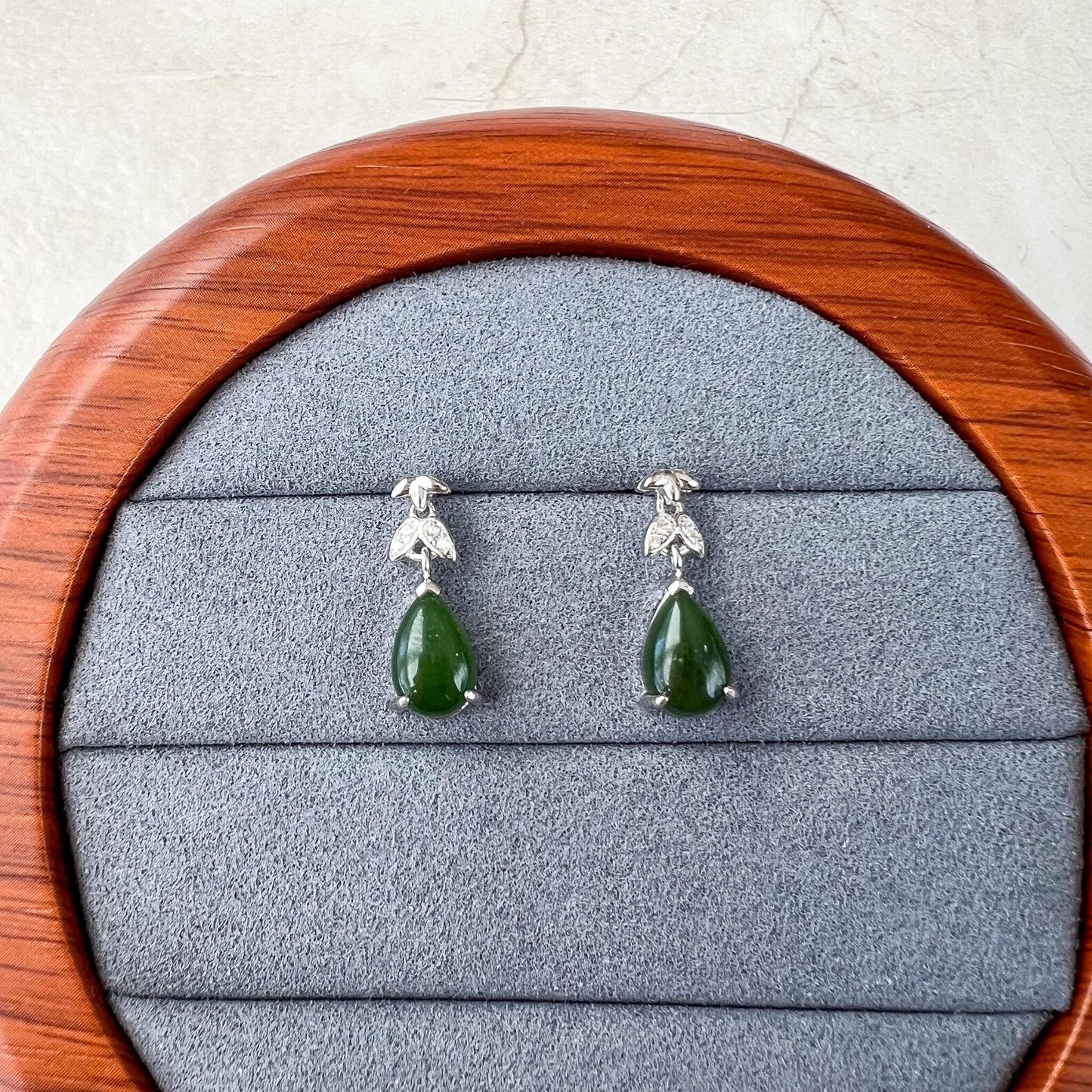 Willow Ribbon Green Jade Earring Studs, Green Nephrite Jade Sterling Silver Earrings, JSY-0424-12130