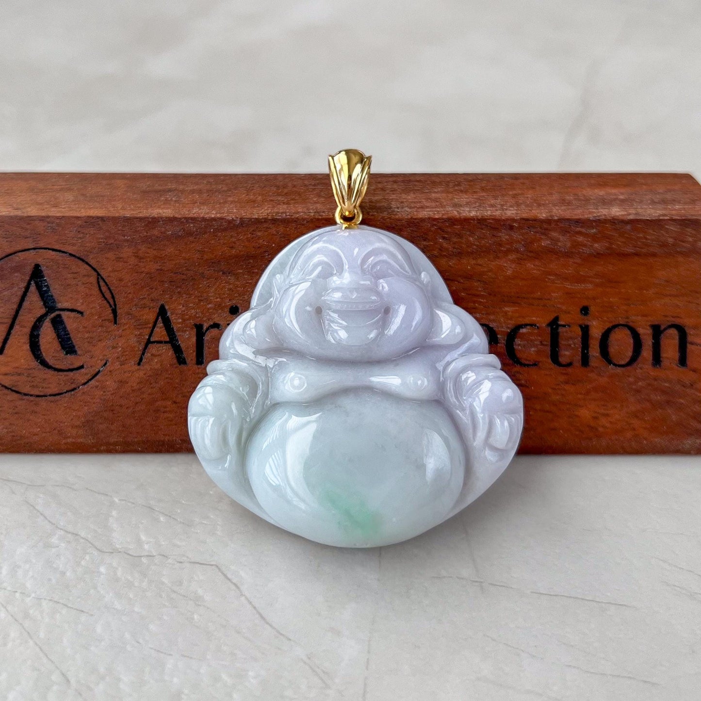 Large Jadeite Jade Large Happy Buddha Pendant, Light Purple Lavender Green Jadeite Jade with 18k Solid Gold Bail, YGR-0823-1729910998