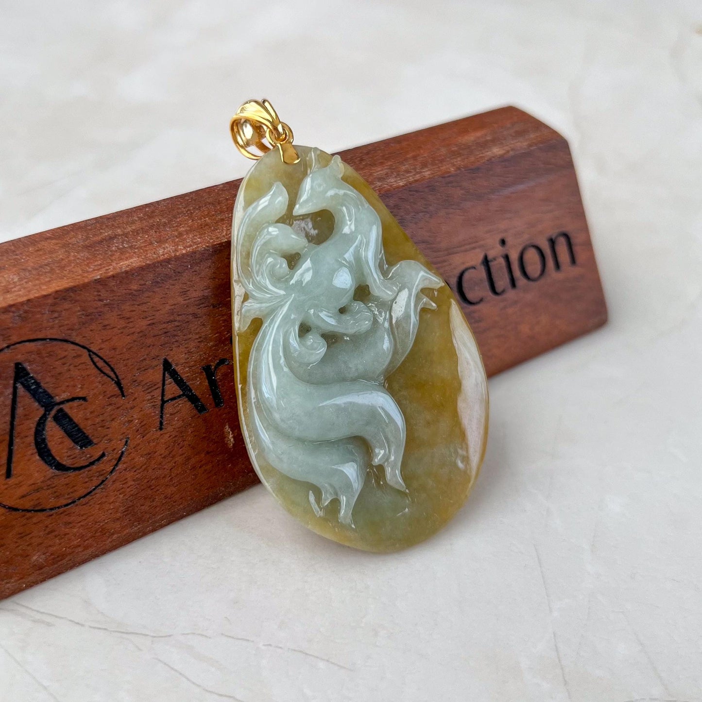 Golden Nine 9 Tail Fox Jade Pendant with 18K Gold, Yellow Jadeite Jade Hand Carved Pendant, YGR-1223-1729918732