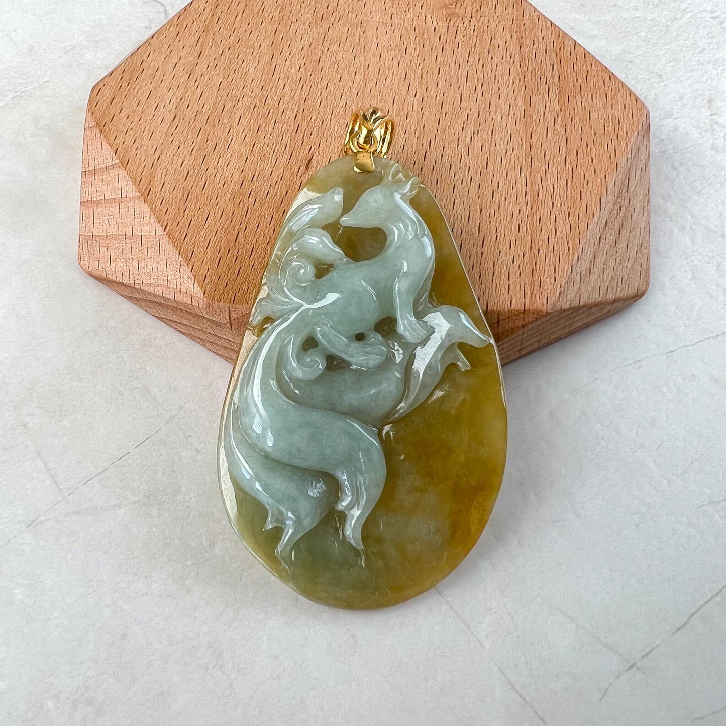 Golden Nine 9 Tail Fox Jade Pendant with 18K Gold, Yellow Jadeite Jade Hand Carved Pendant, YGR-1223-1729918732