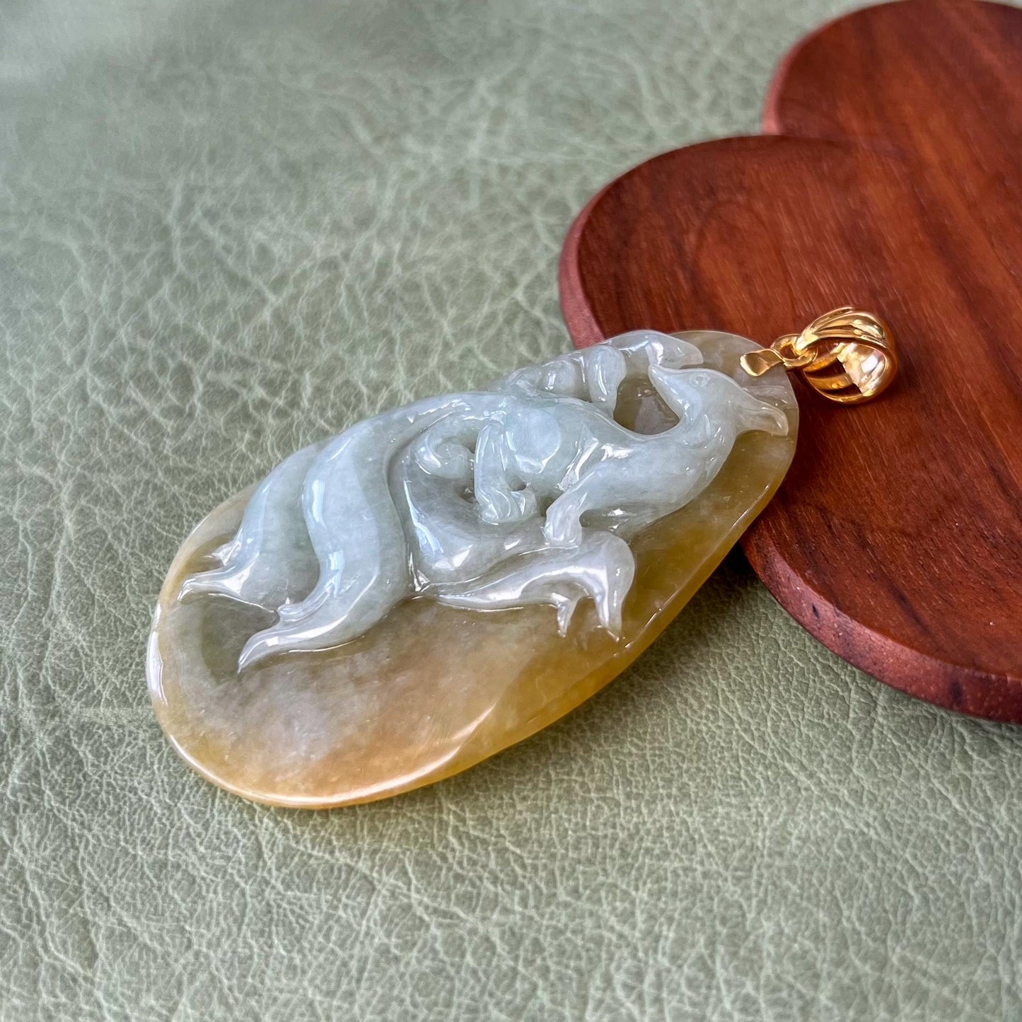 Golden Nine 9 Tail Fox Jade Pendant with 18K Gold, Yellow Jadeite Jade Hand Carved Pendant, YGR-1223-1729918732