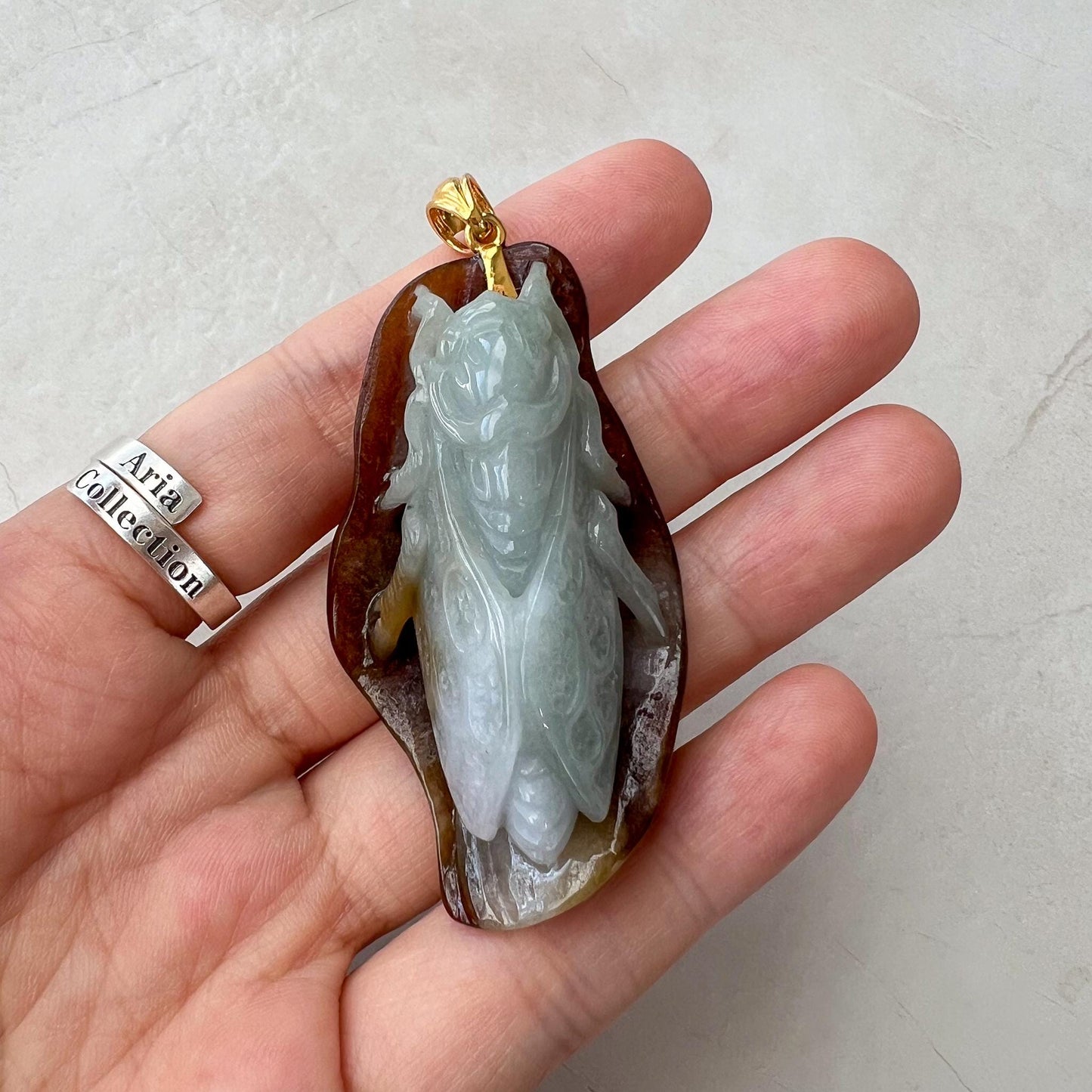 Cicada Autumn Leaf Jade Pendant, Yellow Red Jadeite Jade with 18K Gold Bail, Hand Carved Necklace, INA-0424-1729913291