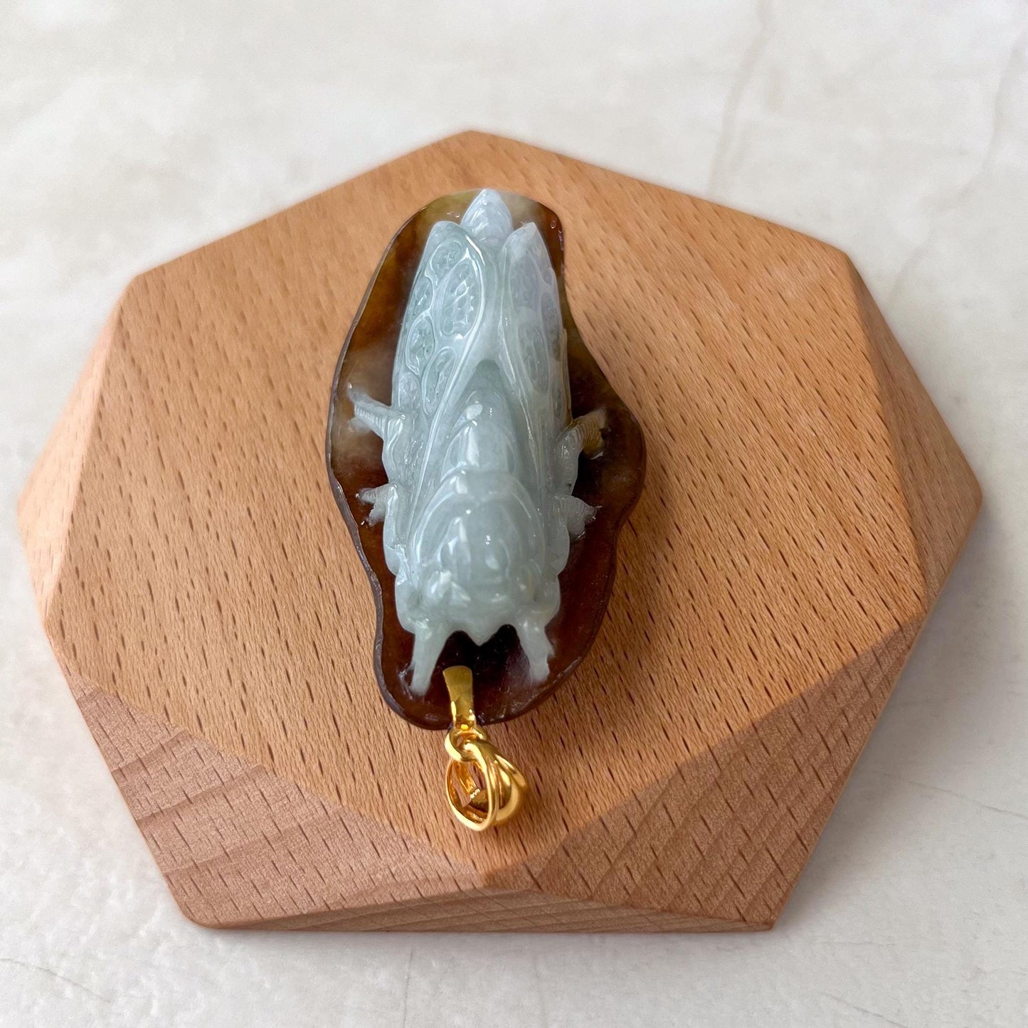 Cicada Autumn Leaf Jade Pendant, Yellow Red Jadeite Jade with 18K Gold Bail, Hand Carved Necklace, INA-0424-1729913291