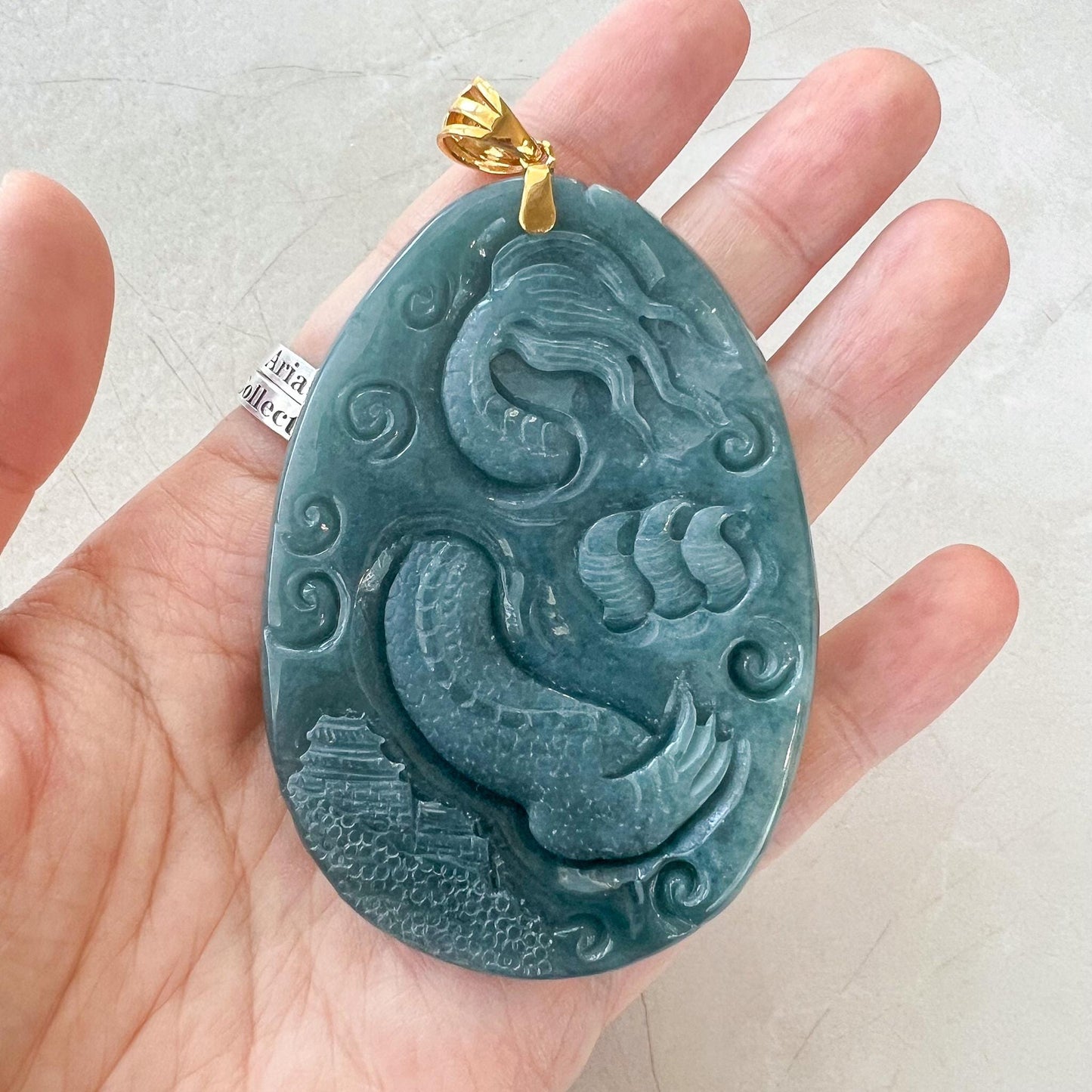 Dragon Landscape Jade Pendant, Very Large Jadeite Jade Hand Carved  Dragon Pendant with 18K Solid Gold, CAN-0424-1729968031