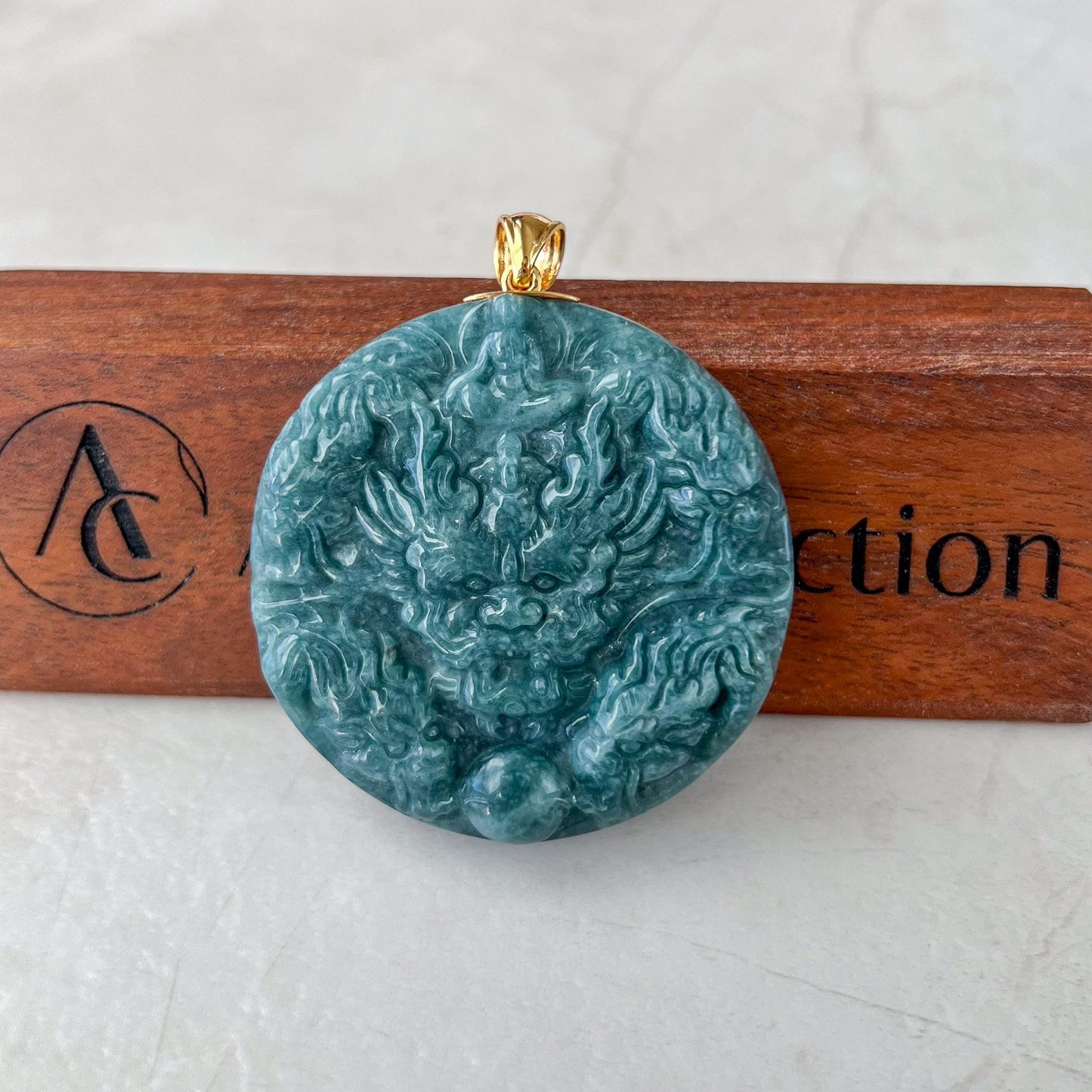 Nine Dragon Guardian Jade Pendant, Green Jadeite Jade 9 Dragon with 18K Solid Gold Pendant, Dual Sided Carved Pendant, ALV-0424-1729969365