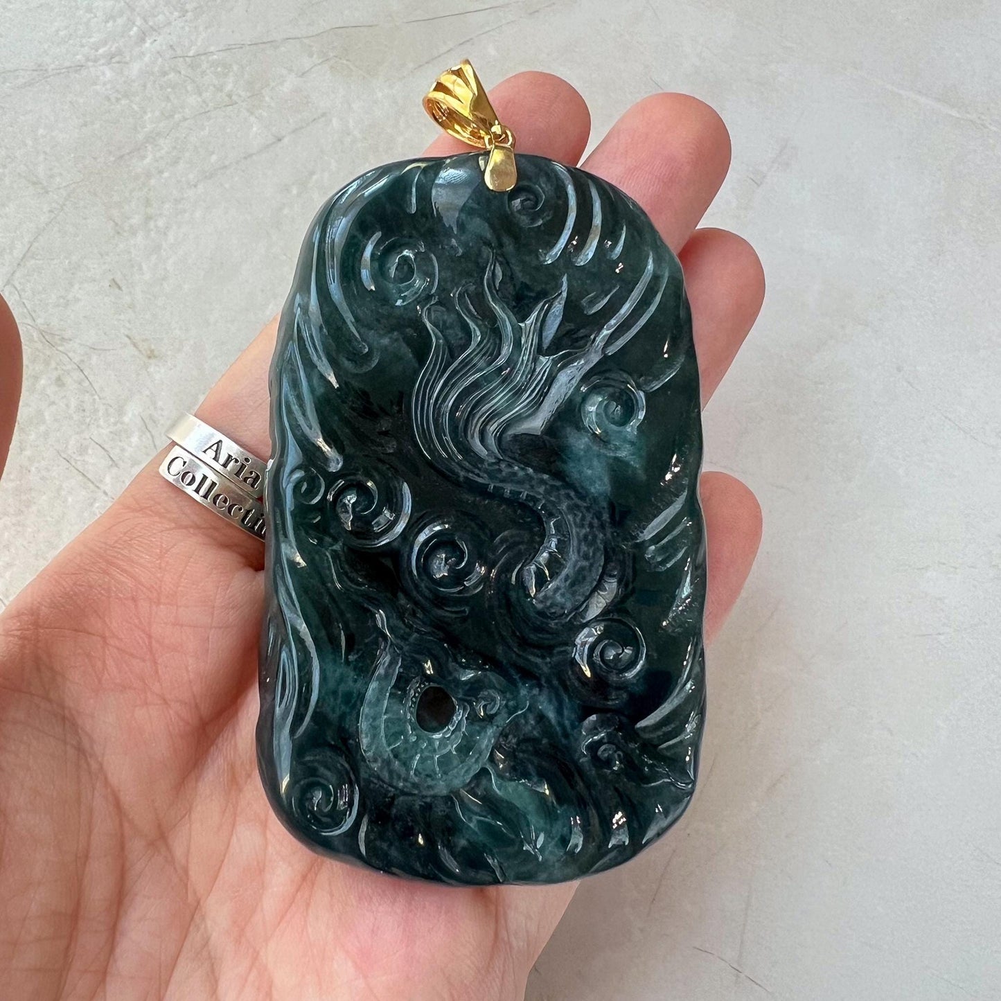 Celestial Navigator Dragon Jade Pendant, Large Jadeite Jade Hand Carved Dragon Pendant with 18K Solid Gold, CAN-0424-1729991279