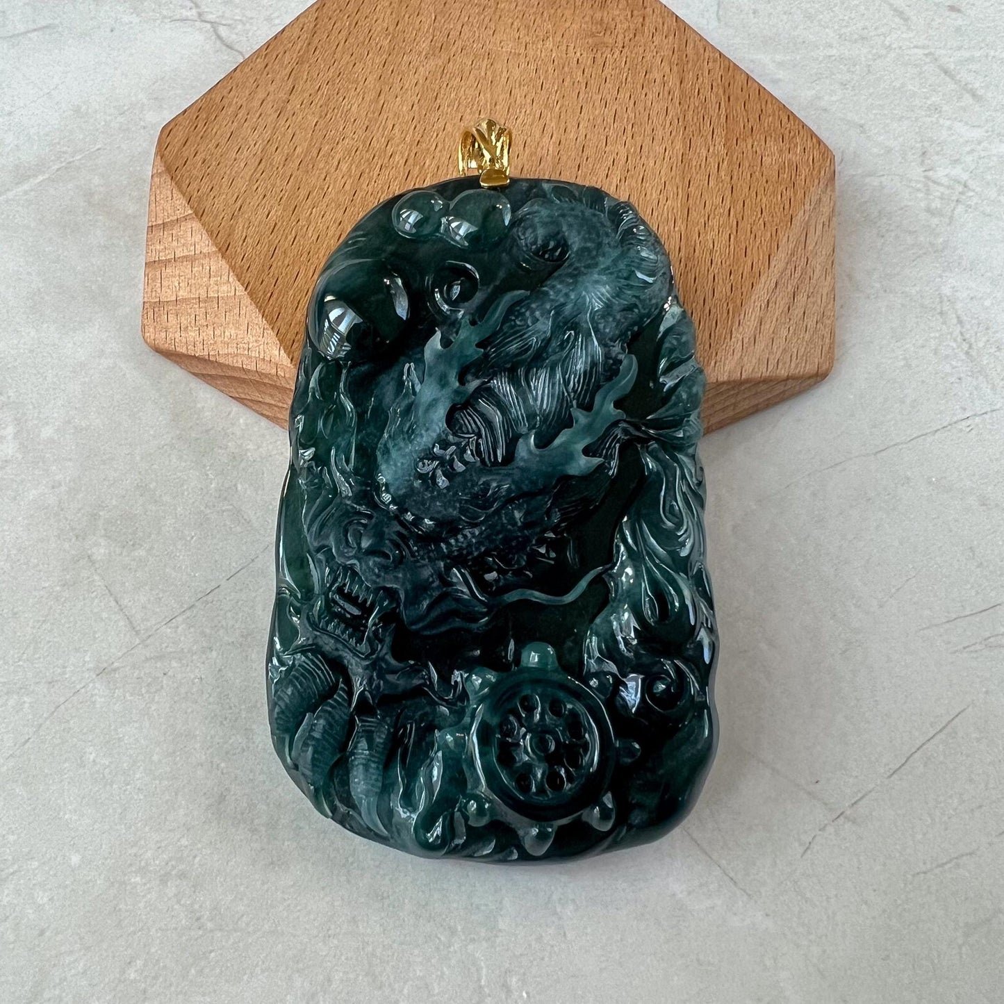 Celestial Navigator Dragon Jade Pendant, Large Jadeite Jade Hand Carved Dragon Pendant with 18K Solid Gold, CAN-0424-1729991279