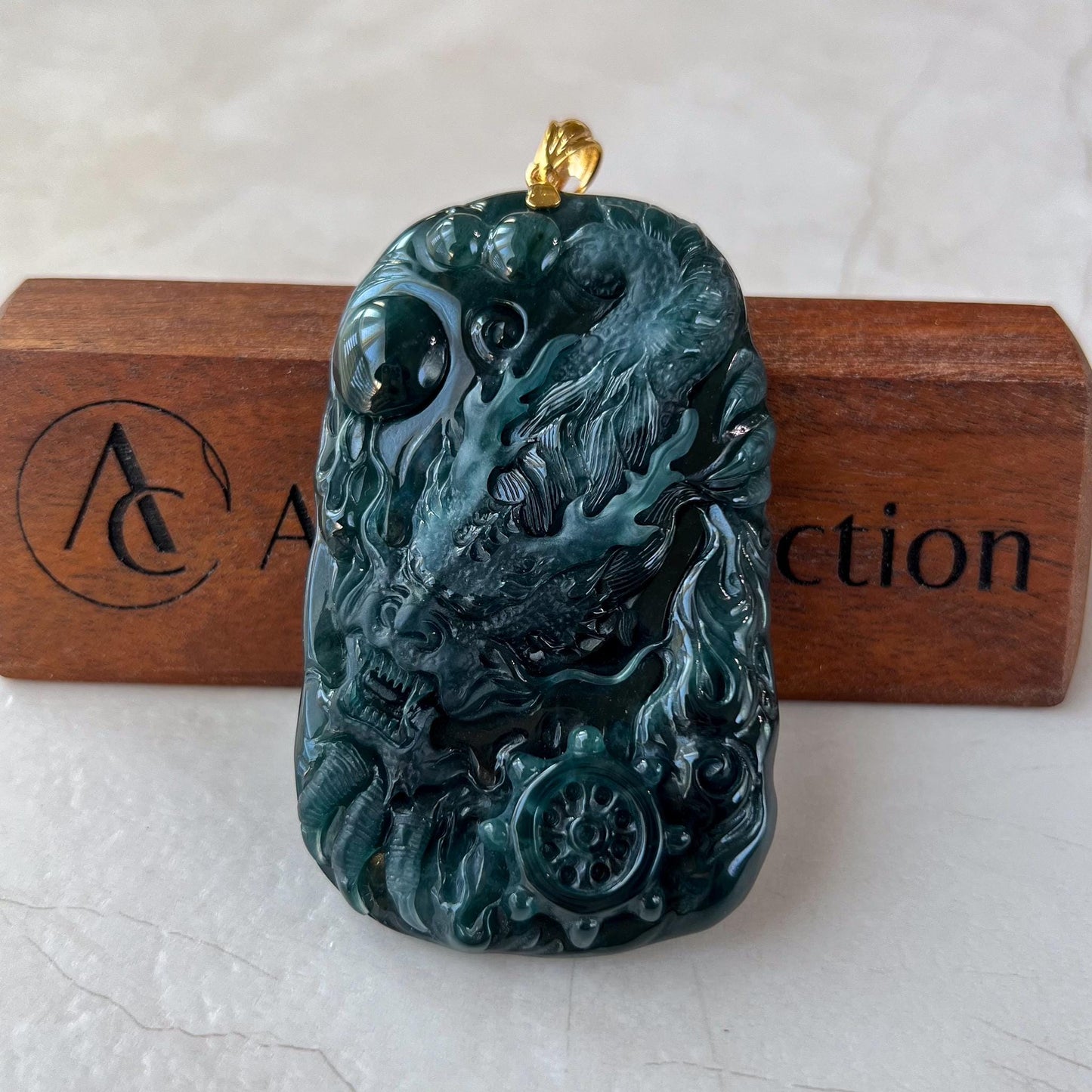 Celestial Navigator Dragon Jade Pendant, Large Jadeite Jade Hand Carved Dragon Pendant with 18K Solid Gold, CAN-0424-1729991279