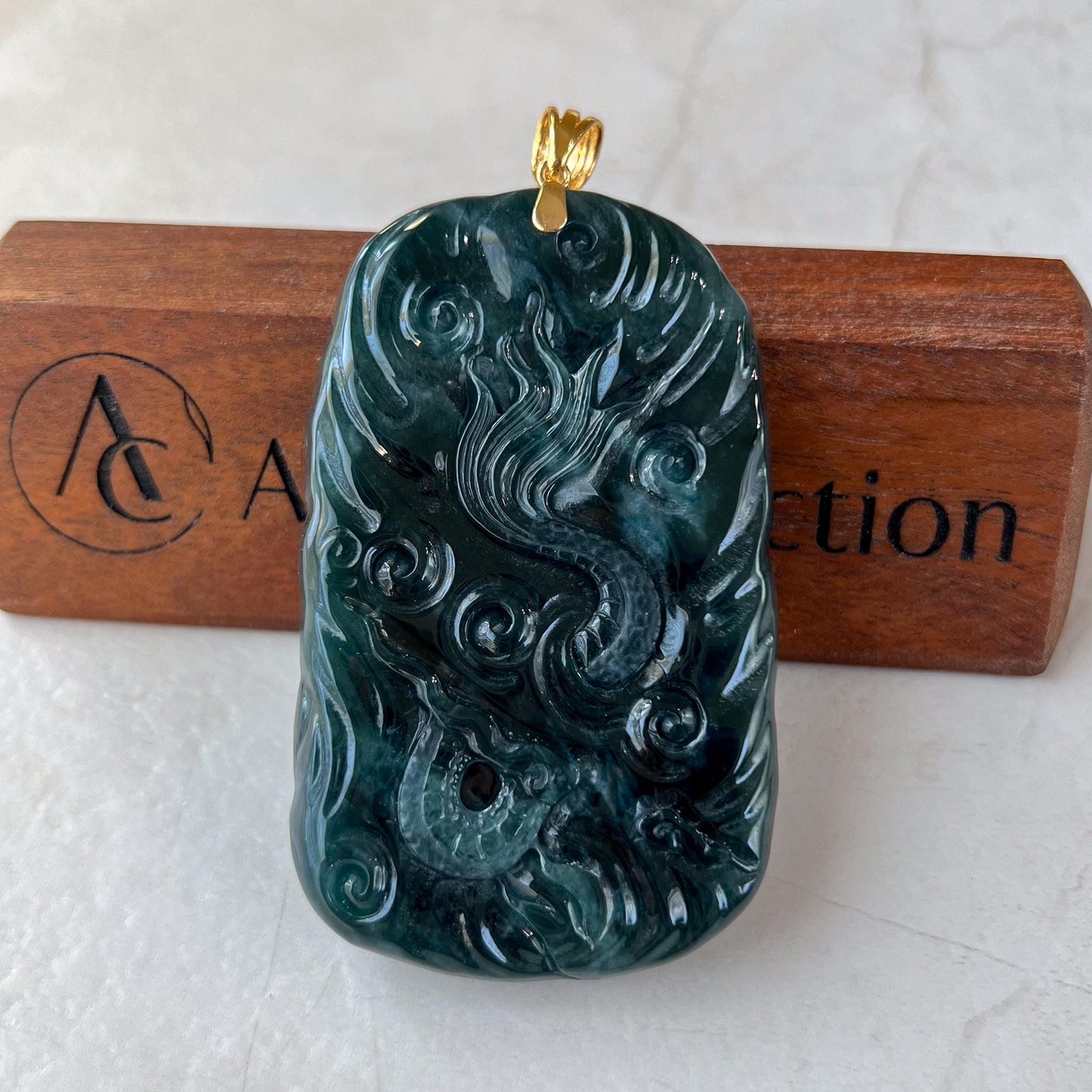 Celestial Navigator Dragon Jade Pendant, Large Jadeite Jade Hand Carved Dragon Pendant with 18K Solid Gold, CAN-0424-1729991279