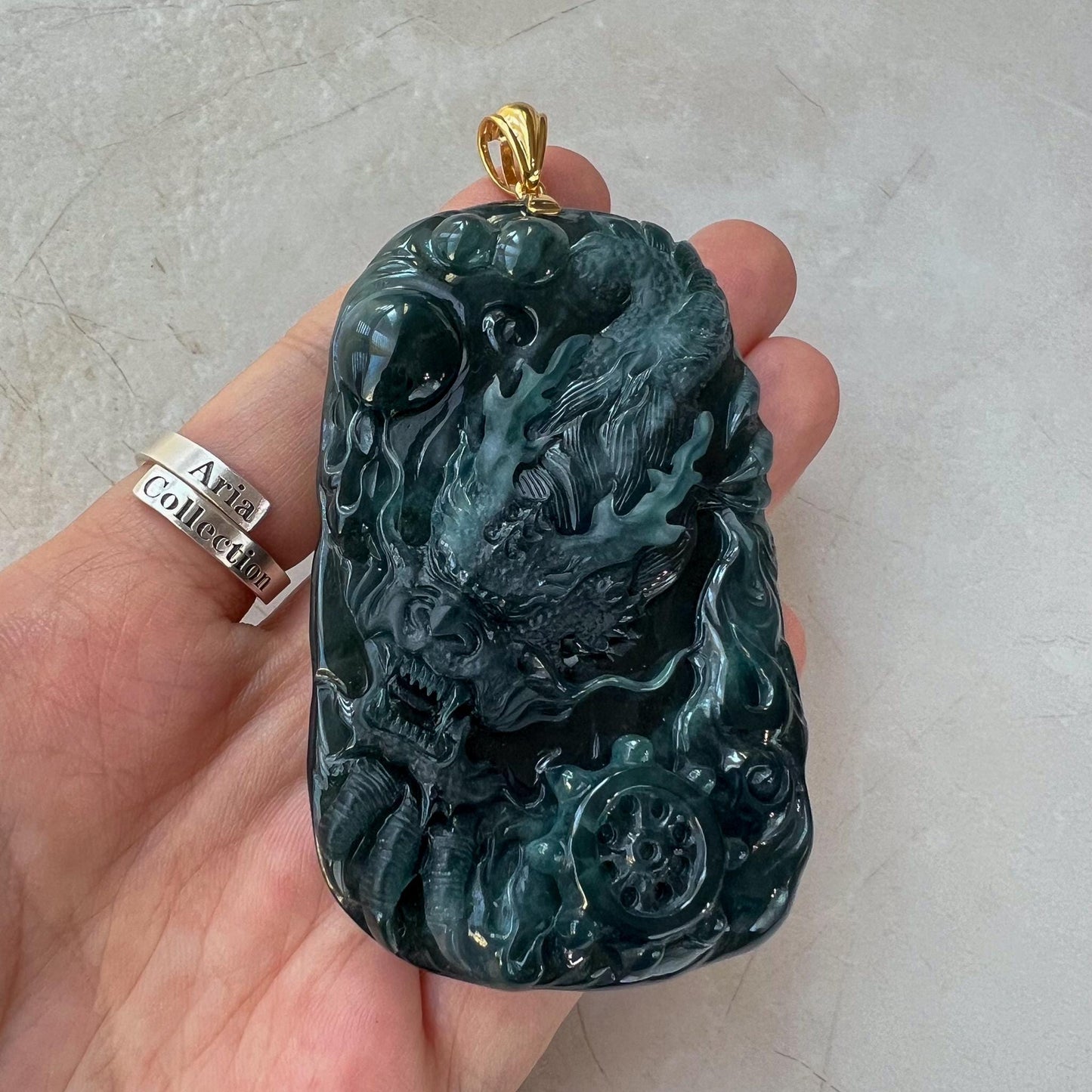 Celestial Navigator Dragon Jade Pendant, Large Jadeite Jade Hand Carved Dragon Pendant with 18K Solid Gold, CAN-0424-1729991279