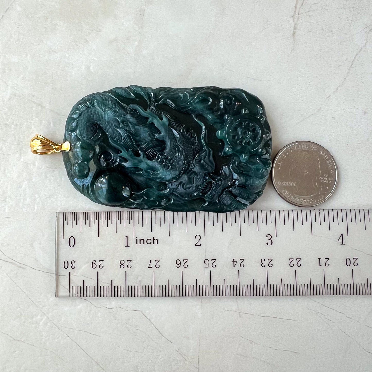 Celestial Navigator Dragon Jade Pendant, Large Jadeite Jade Hand Carved Dragon Pendant with 18K Solid Gold, CAN-0424-1729991279