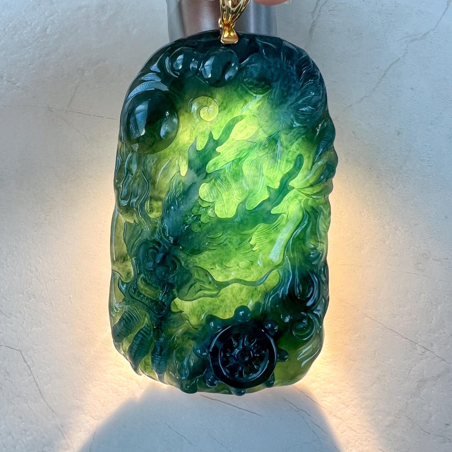 Celestial Navigator Dragon Jade Pendant, Large Jadeite Jade Hand Carved Dragon Pendant with 18K Solid Gold, CAN-0424-1729991279