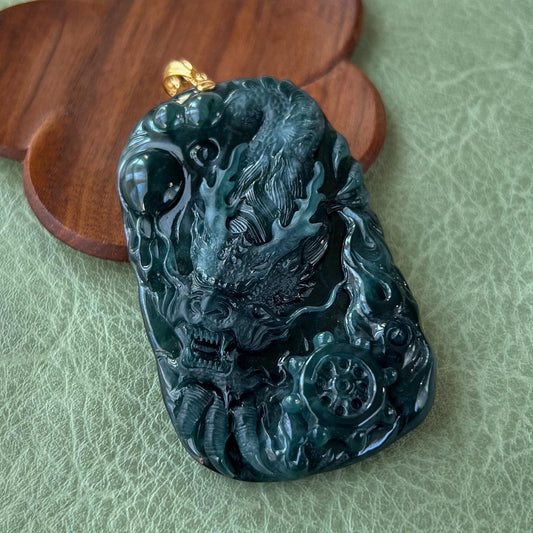 Celestial Navigator Dragon Jade Pendant, Large Jadeite Jade Hand Carved Dragon Pendant with 18K Solid Gold, CAN-0424-1729991279