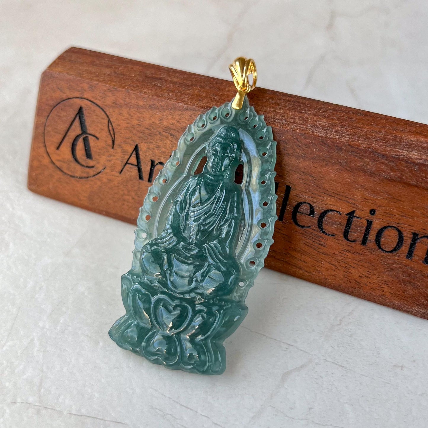 Divine Halo Guan Yin Jade Pendant, Jadeite Jade Guan Yin Avalokiteshvara Pendant with 18K Solid Gold Bail, Guanyin, 观音, MIR-0424-1730000152