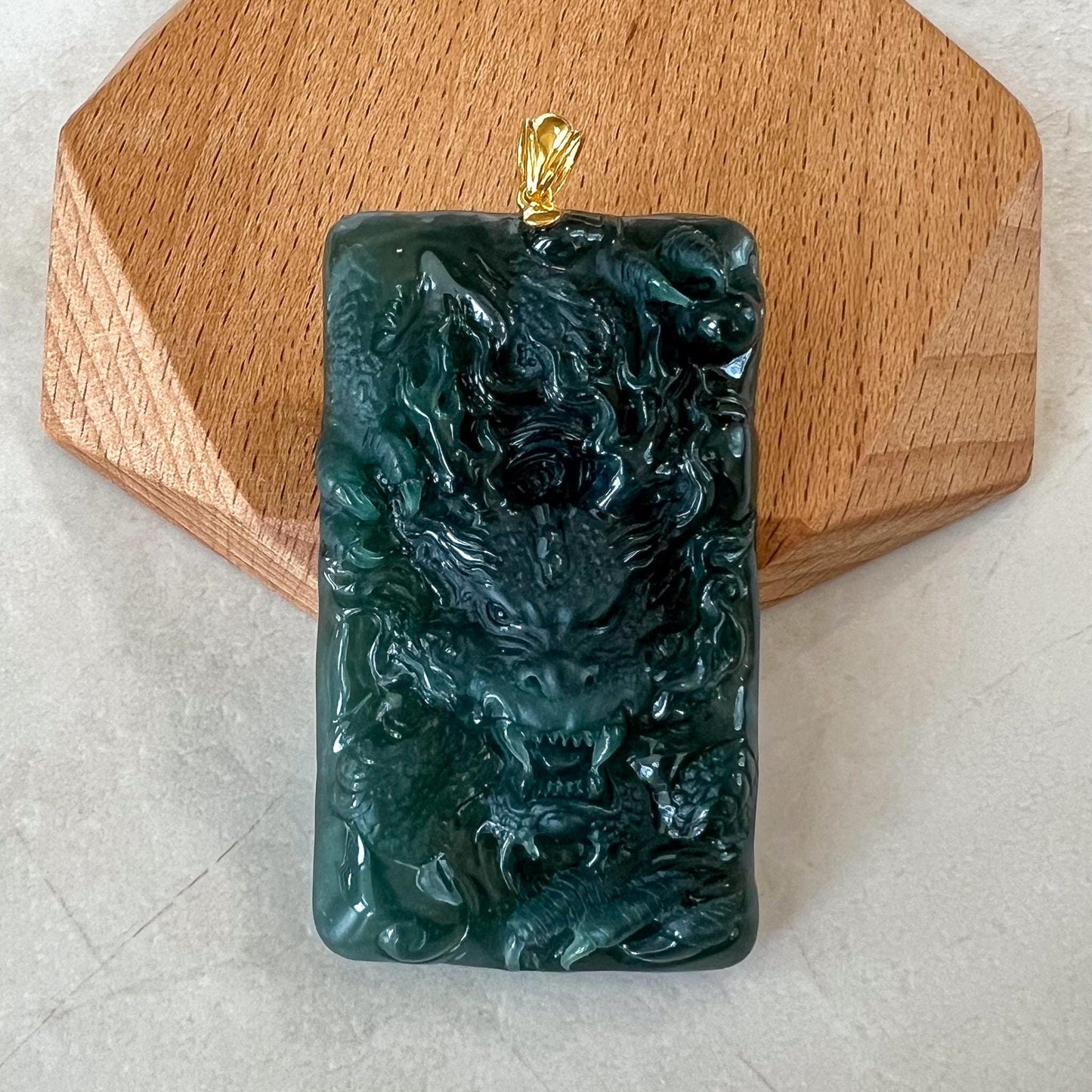 Stormborn Jade Dragon Pendant, Jadeite Jade Dragon Hand Carved Pendant with 18K Gold, VIC-0424-1730002752