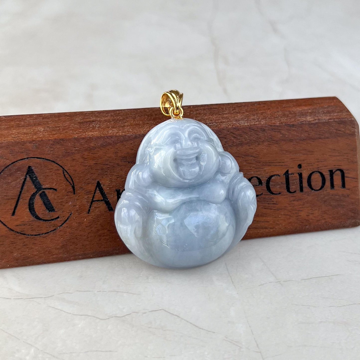 Purple Lavender Jadeite Jade Large Happy Buddha Carved Pendant with 18k Solid Gold Bail, YGR-0823-1730315587