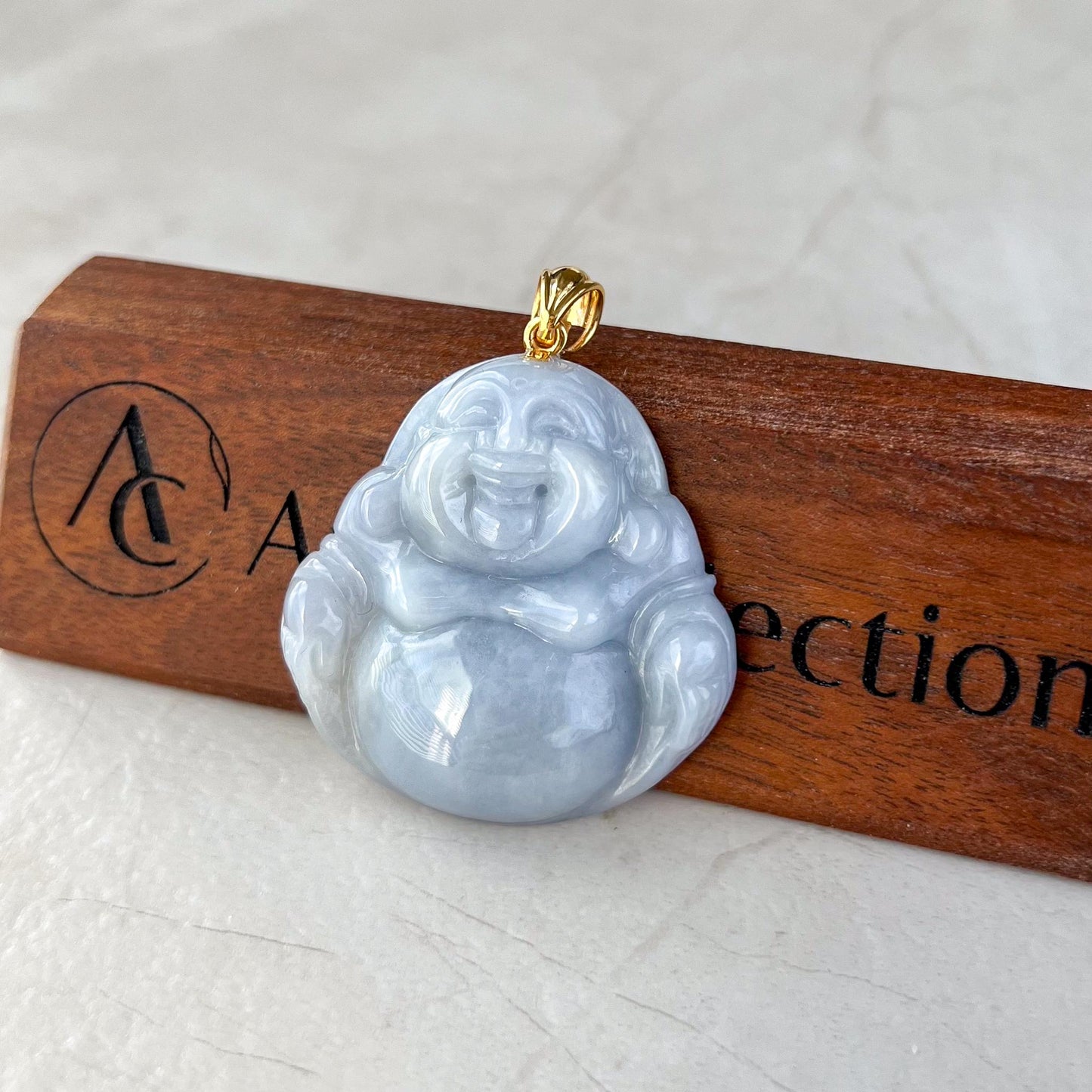 Purple Lavender Jadeite Jade Large Happy Buddha Carved Pendant with 18k Solid Gold Bail, YGR-0823-1730315587