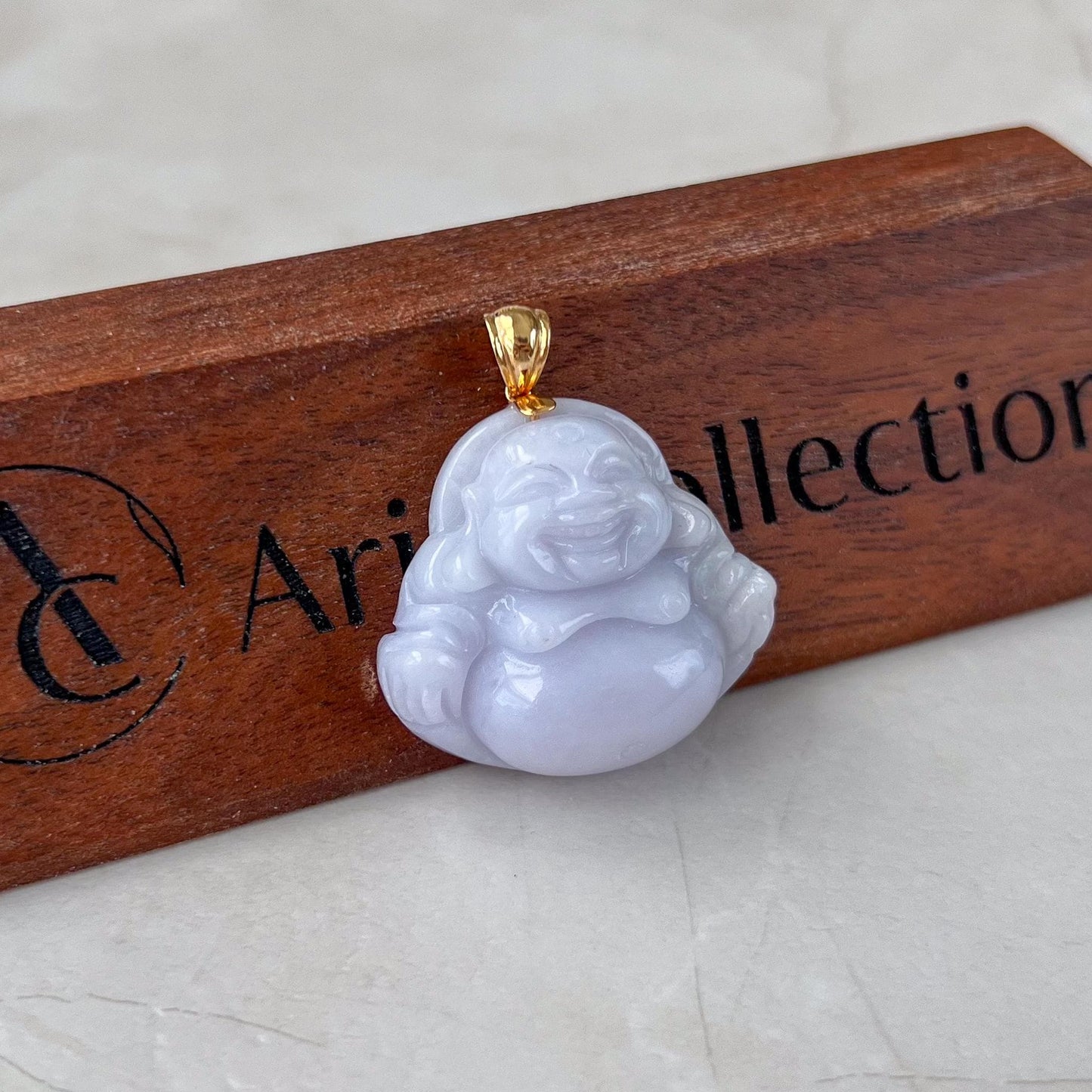 Purple Lavender Jadeite Jade Happy Buddha Carved Pendant with 18k Solid Gold Bail, DON-0424-1730318700