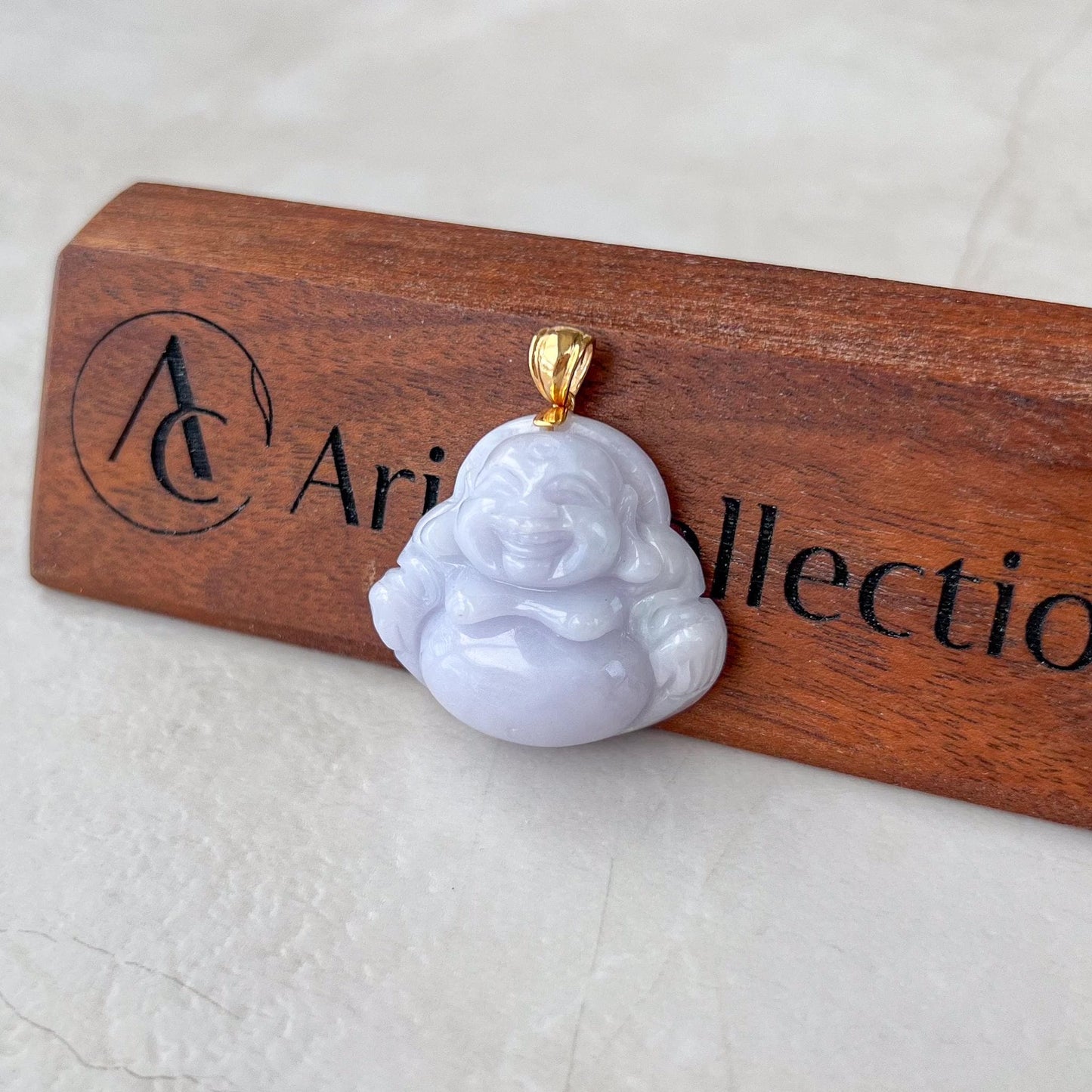 Purple Lavender Jadeite Jade Happy Buddha Carved Pendant with 18k Solid Gold Bail, DON-0424-1730318700