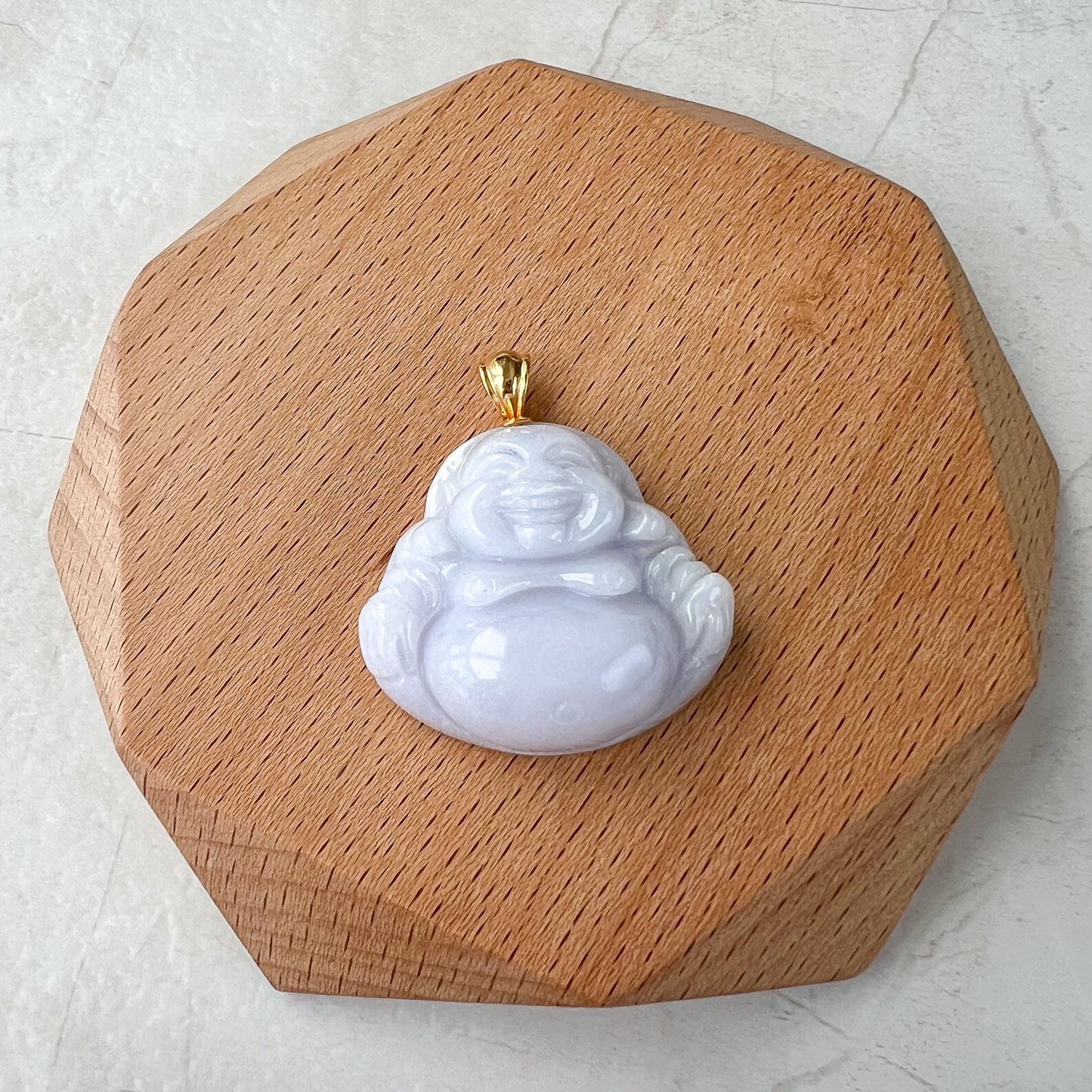 Purple Lavender Jadeite Jade Happy Buddha Carved Pendant with 18k Solid Gold Bail, DON-0424-1730318700