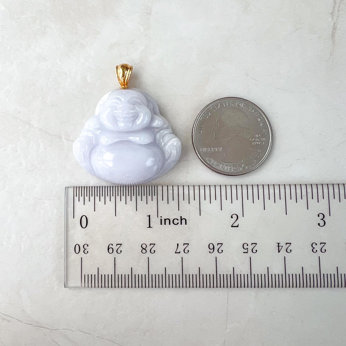 Purple Lavender Jadeite Jade Happy Buddha Carved Pendant with 18k Solid Gold Bail, DON-0424-1730318700