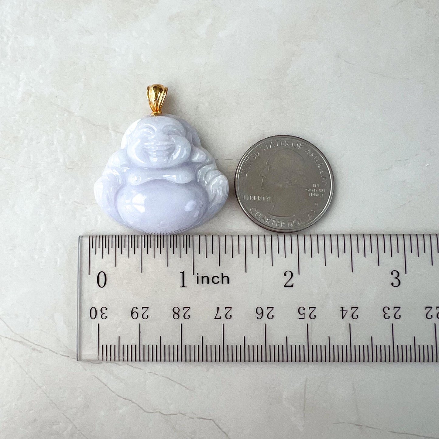 Purple Lavender Jadeite Jade Happy Buddha Carved Pendant with 18k Solid Gold Bail, DON-0424-1730318700