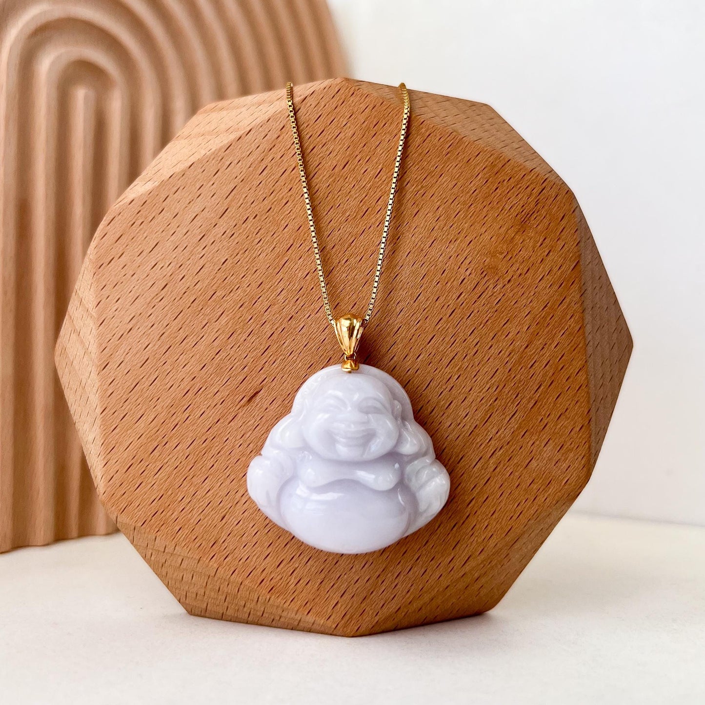 Purple Lavender Jadeite Jade Happy Buddha Carved Pendant with 18k Solid Gold Bail, DON-0424-1730318700