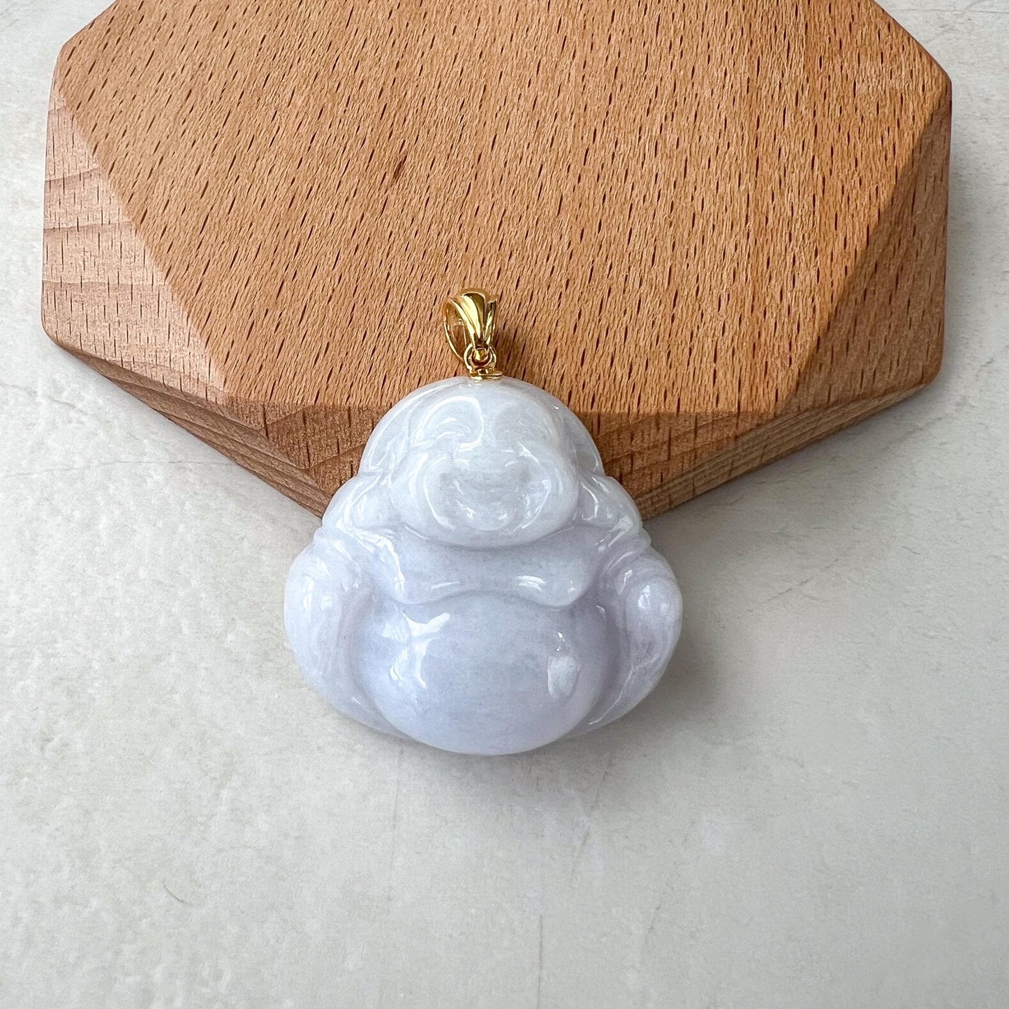 Purple Lavender Jadeite Jade Happy Buddha Carved Pendant with 18k Solid Gold Bail, DON-0424-1730318978