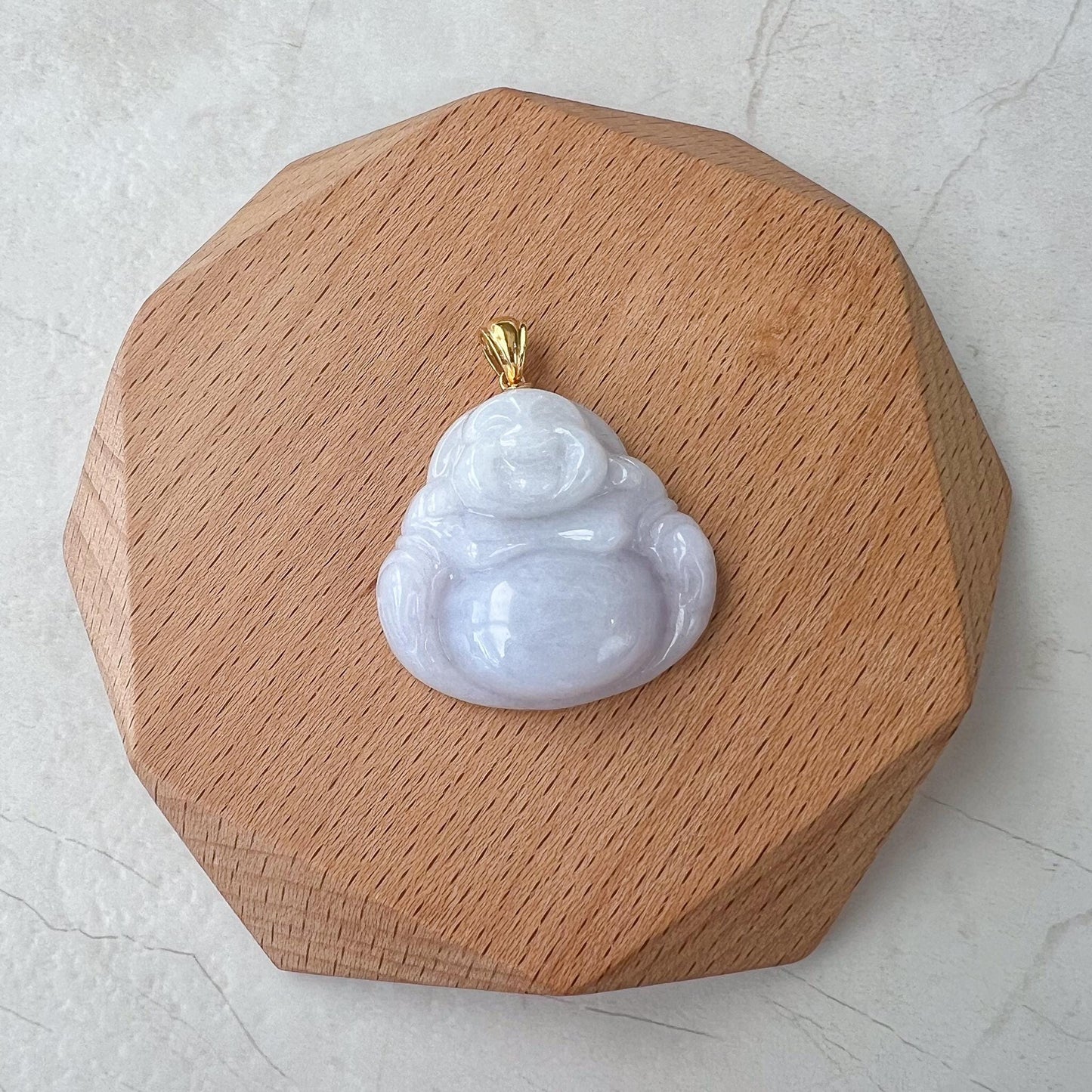 Purple Lavender Jadeite Jade Happy Buddha Carved Pendant with 18k Solid Gold Bail, DON-0424-1730318978