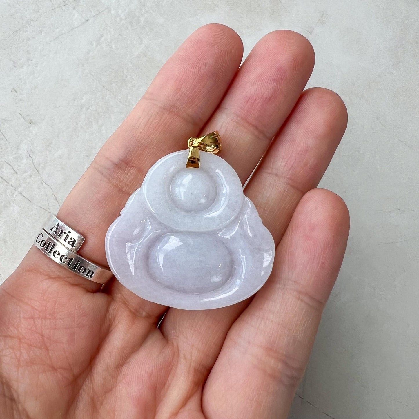 Purple Lavender Jadeite Jade Happy Buddha Carved Pendant with 18k Solid Gold Bail, DON-0424-1730318978