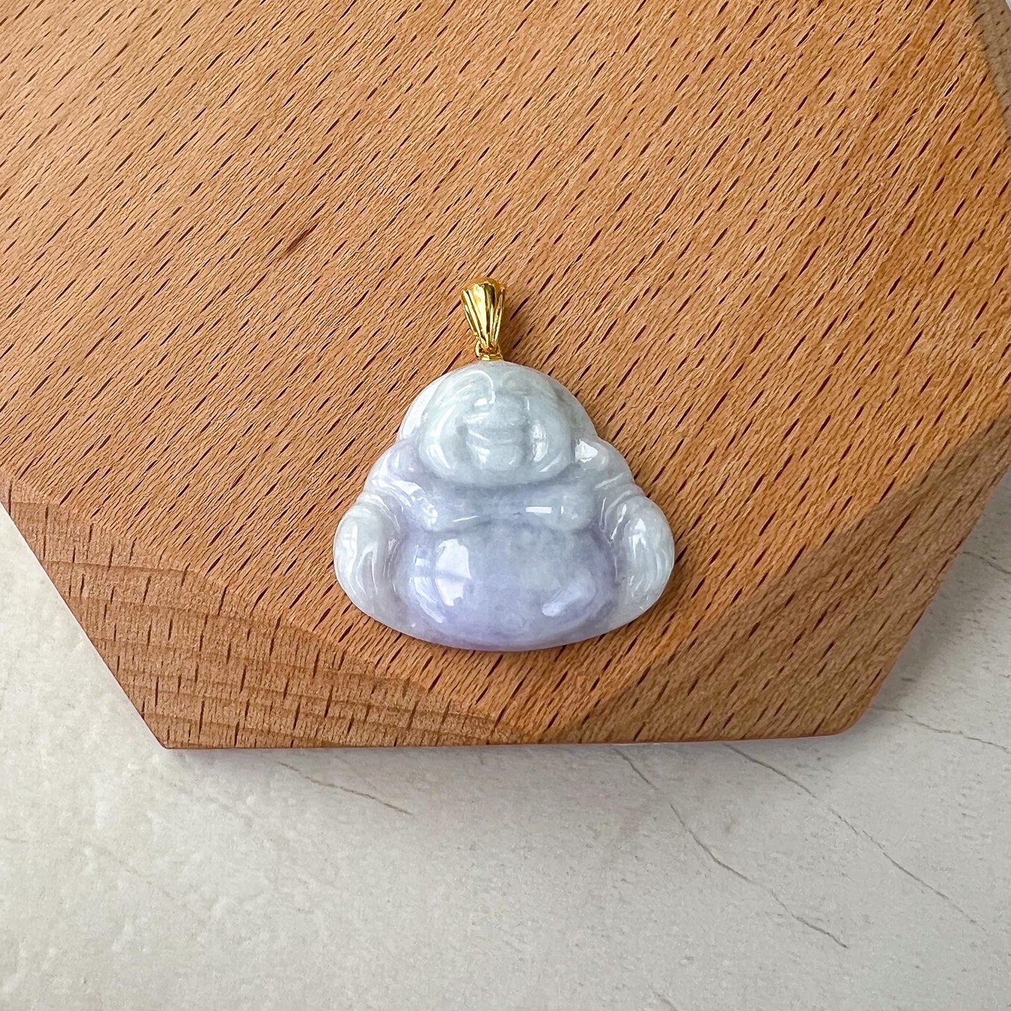 Small Purple Lavender Jadeite Jade Happy Buddha Carved Pendant with 18k Solid Gold Bail, YAR-0424-1728763047